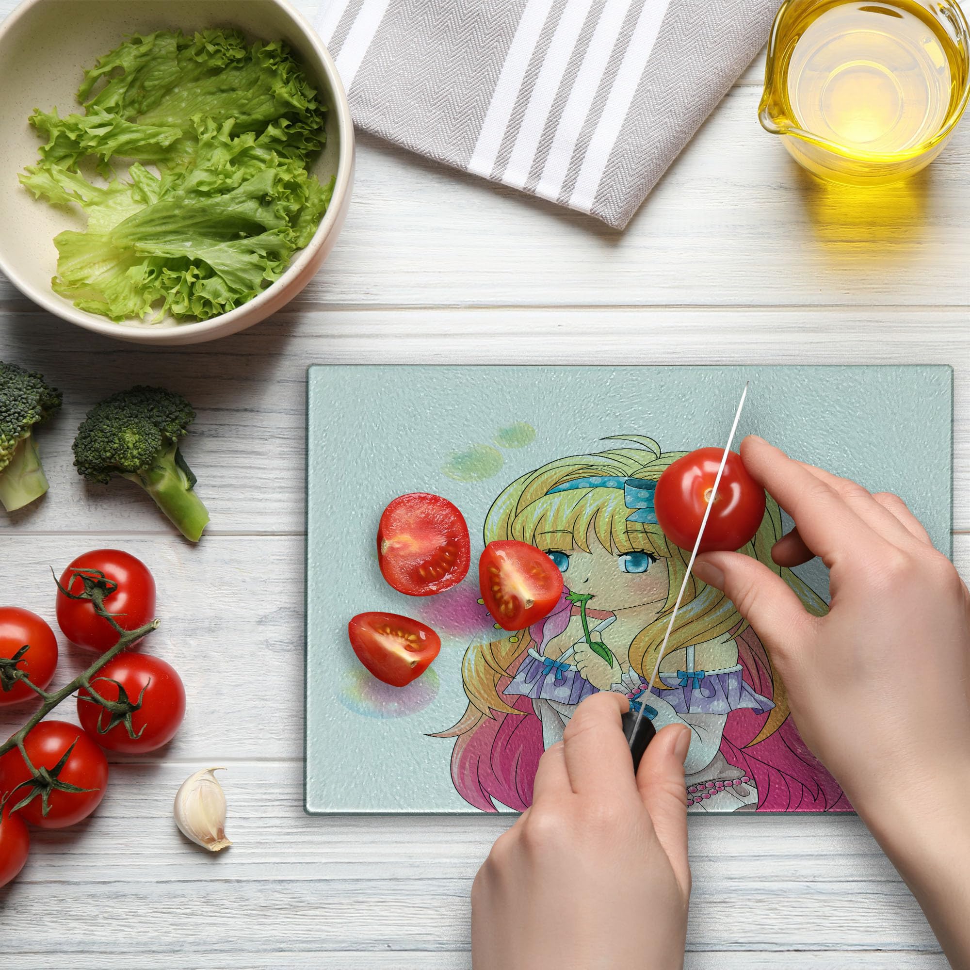Ambesonne Anime Themed Tempered Glass Cutting Board - Cute Manga Girl Blowing Bubbles Japanese Cartoon Art Print - Decorative Serving Board for Kitchen, Small Size in Pink & Yellow - Perfect for Sushi Preparation, Cheese Display, and Home Decor