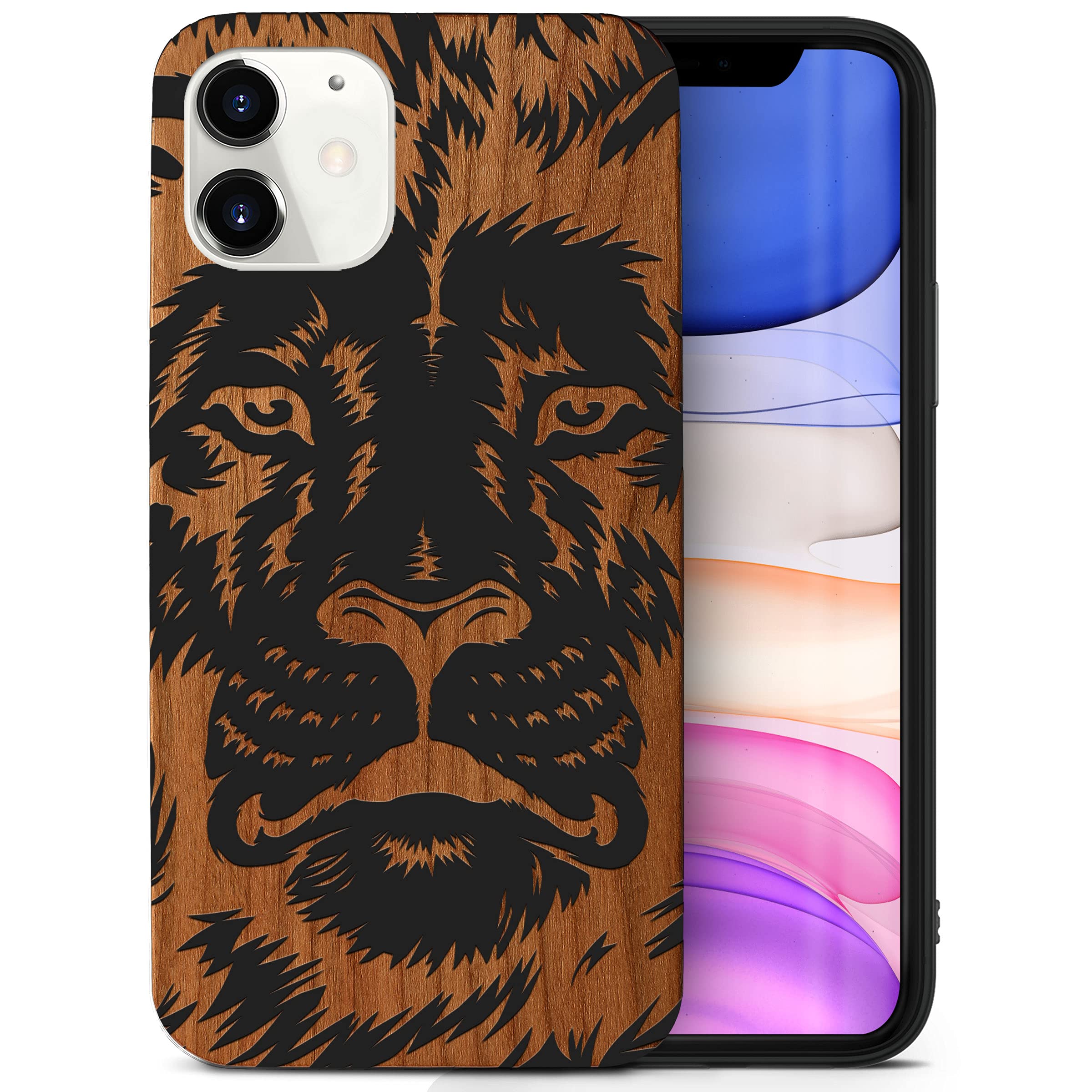 Wooden iPhone 11 Case with Laser Engraved Lion Design - Shockproof Slim Fit Protective Cover for Men & Women | Perfect for Outdoor Adventures, Office Use & Daily Protection