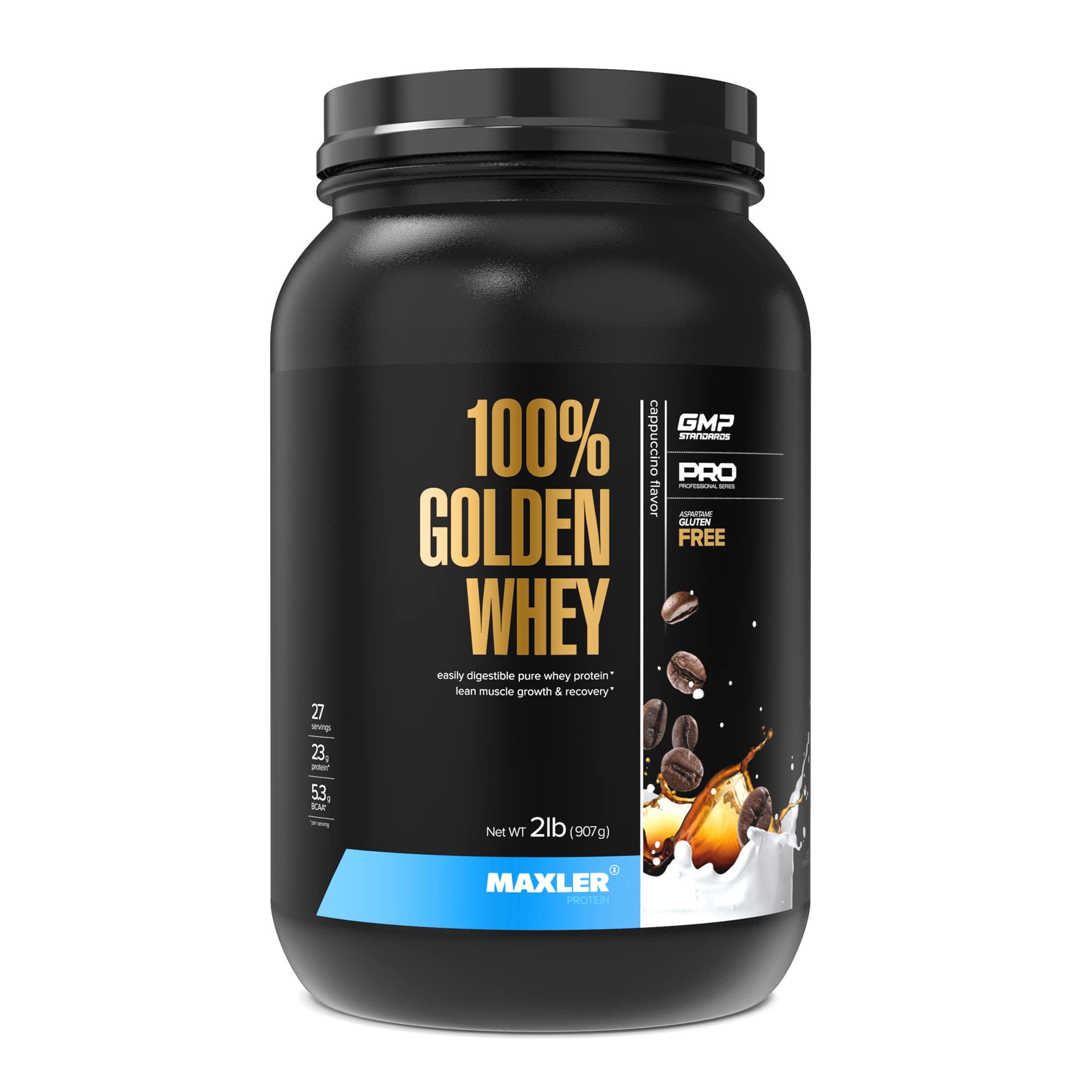 Maxler 100% Golden Whey Protein Powder - 23g Premium Whey Protein per Serving with Hydrolysate, Isolate & Concentrate Blend - Fast Absorption for Pre, Post & Intra Workout Recovery - Cappuccino Flavor 2 lbs - Ideal for Gym, Fitness & Muscle Recovery