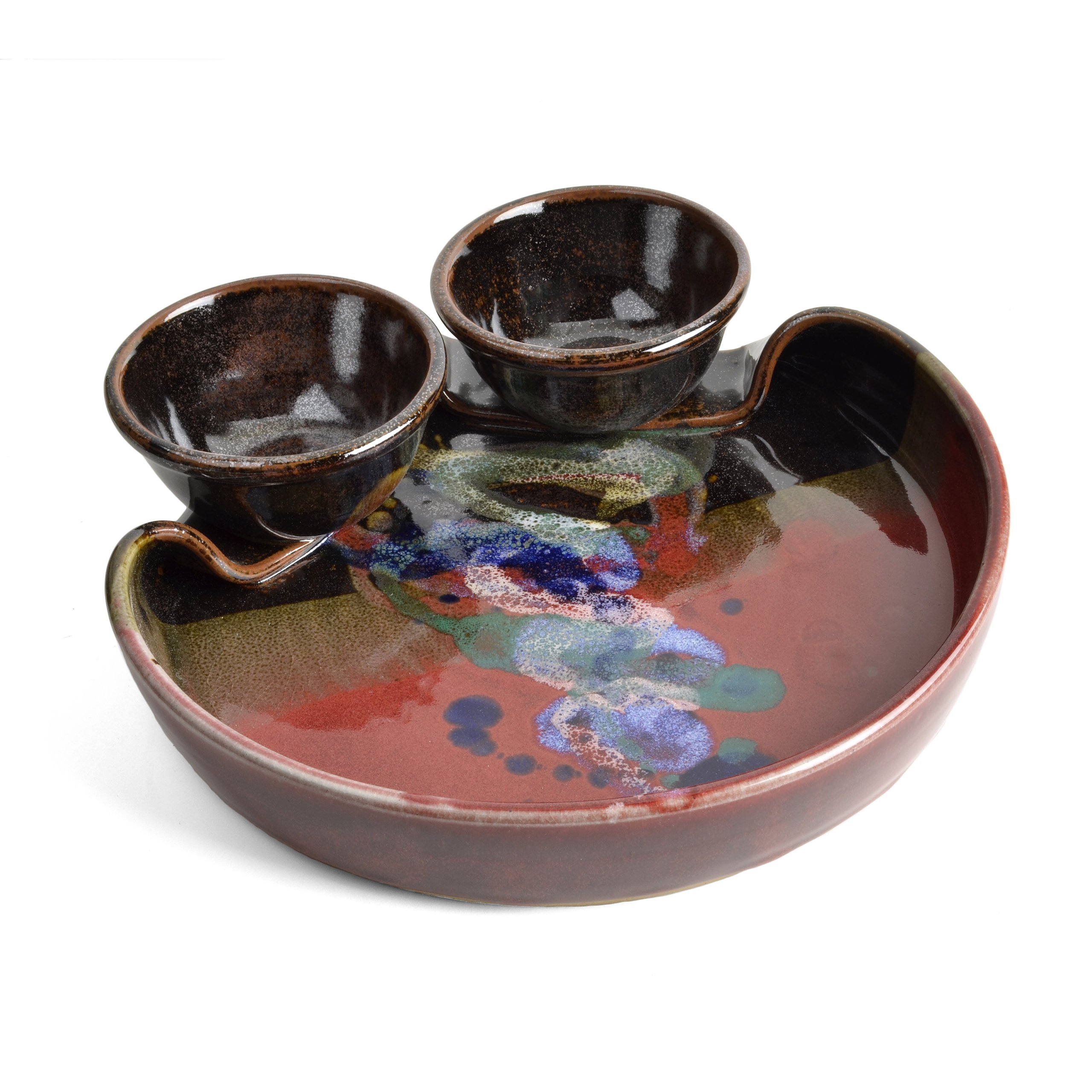 Larrabee Ceramics Double Bowl Chip and Dip Serving Platter - Red & Multi Color Appetizer Tray for Parties, Entertaining, and Game Day Snacks