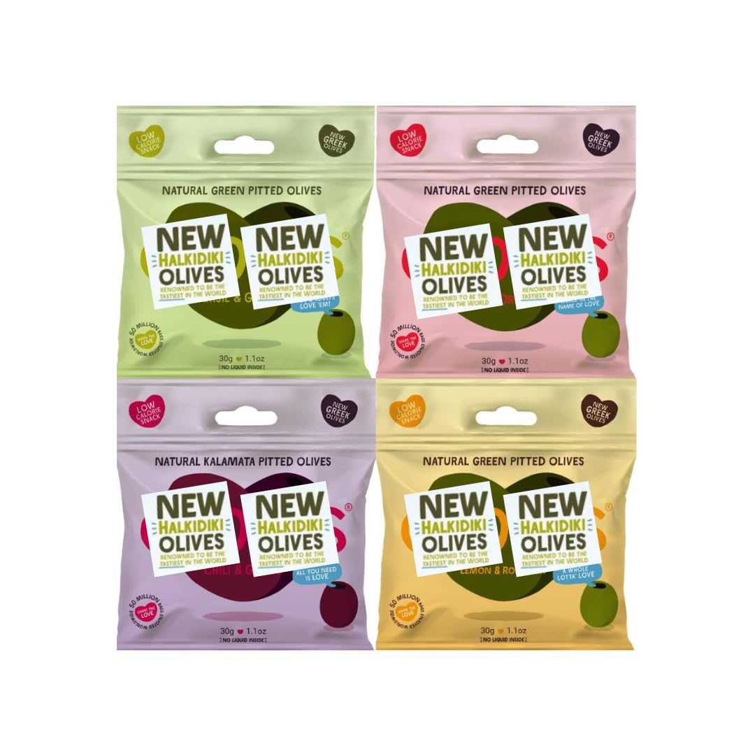 Premium Pitted Green & Kalamata Olives Variety Pack - 4 Flavor Mix (Basil Garlic, Chili Oregano, Lemon Rosemary, Chili Garlic) | Healthy Non-GMO Snack | Low-Calorie 1.1oz Packs (4 Count) | Perfect for Charcuterie Boards, Salads & Party Platters