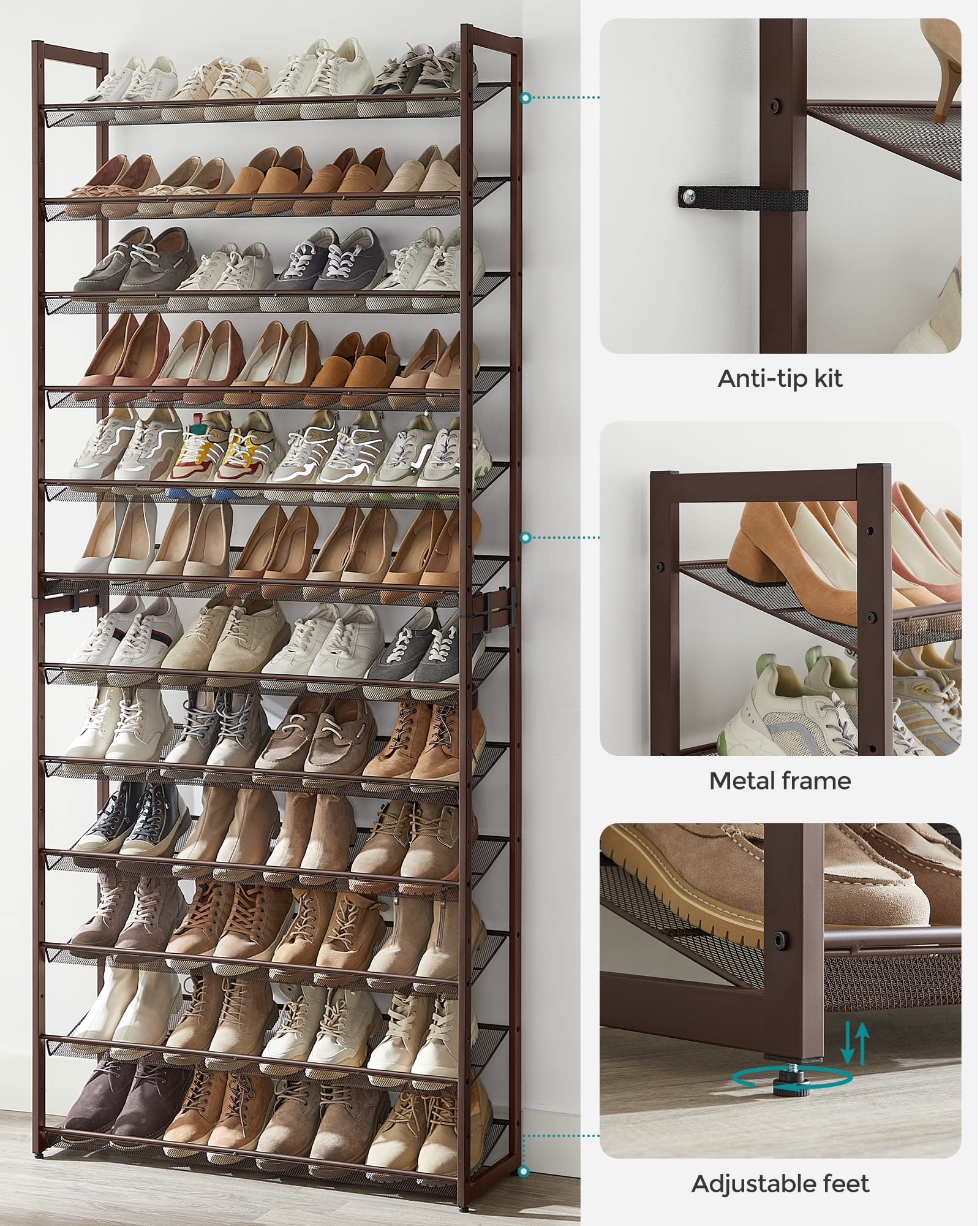 SONGMICS 12-Tier Metal Shoe Rack Organizer - Stackable Shoe Storage Shelf for Entryway, Closet & Garage - Adjustable Shelves Holds 48+ Pairs - Bronze (ULMR12A) | Perfect for Small Spaces, Apartment Organization & Shoe Lovers Collection