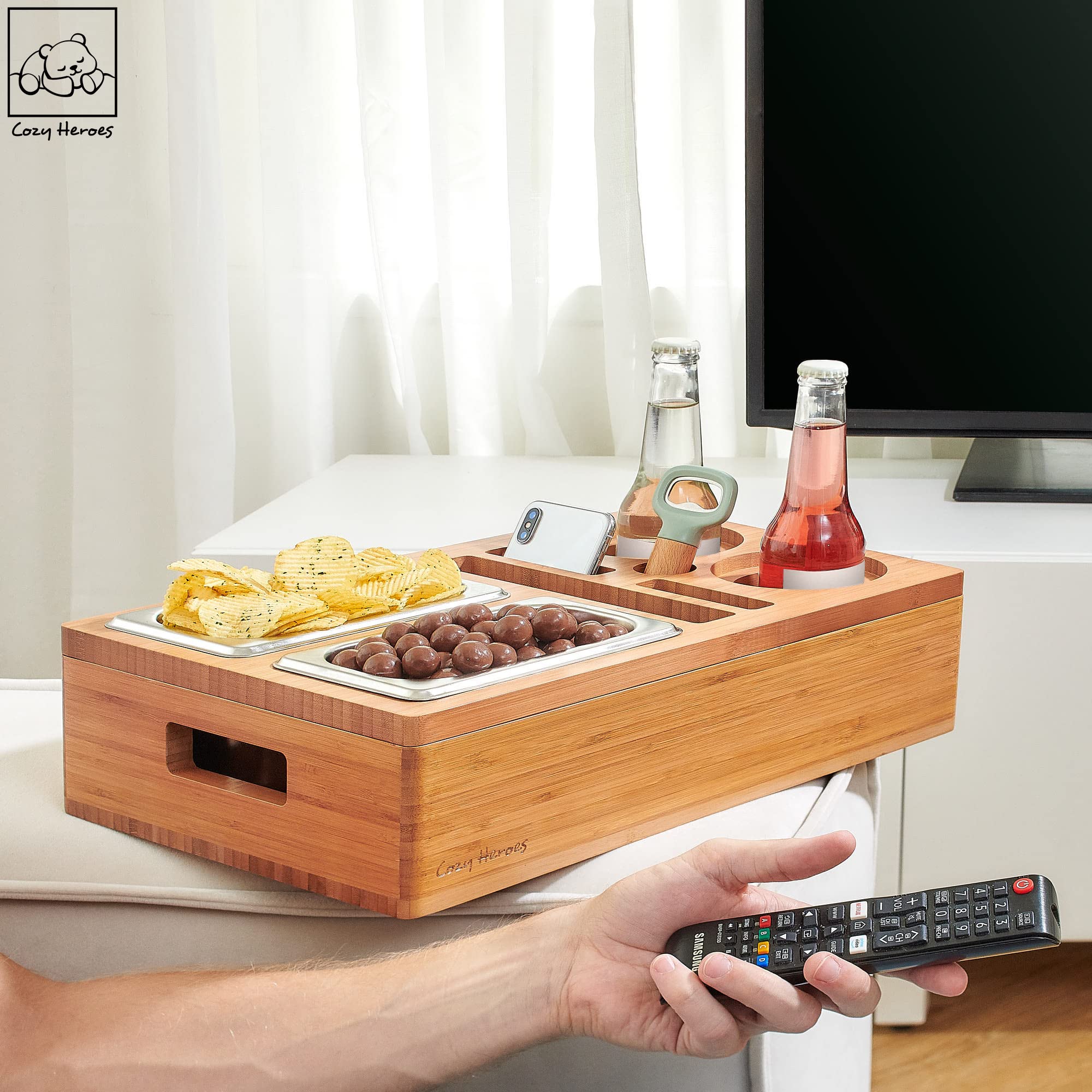 Minimalist Scandinavian Bamboo Couch Cup Holder Tray - Sofa & Bed Drink Snack Caddy - Perfect for Movie Nights, Gaming Sessions & Relaxing in Bed