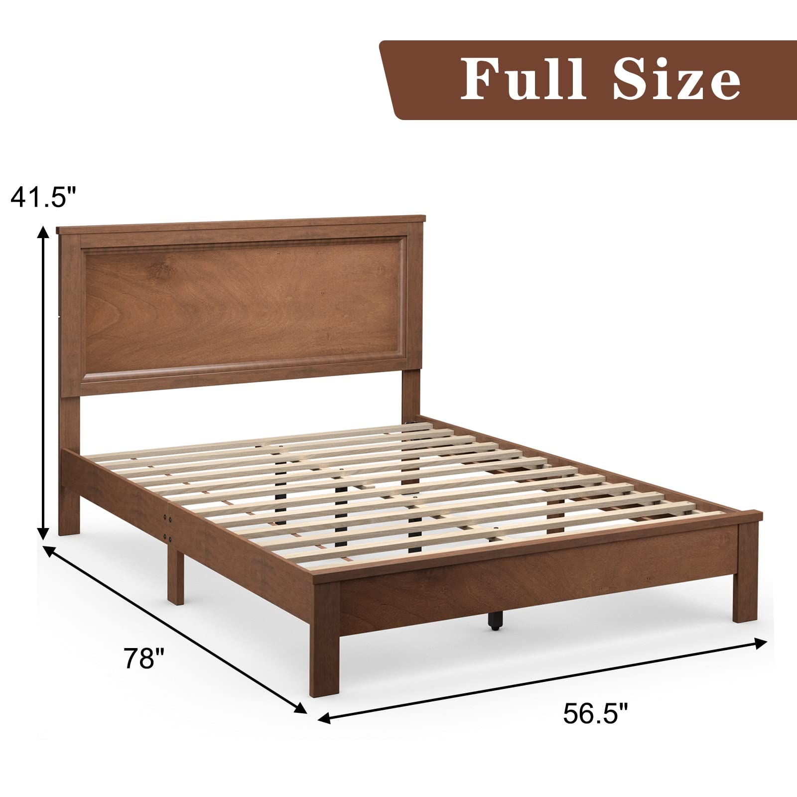 KOMFOTT Full Size Wood Platform Bed Frame with Headboard - Mid Century Modern Walnut Bed with Slat Support & Under Bed Storage - No Box Spring Needed - Perfect for Small Bedrooms, Guest Rooms & Apartments
