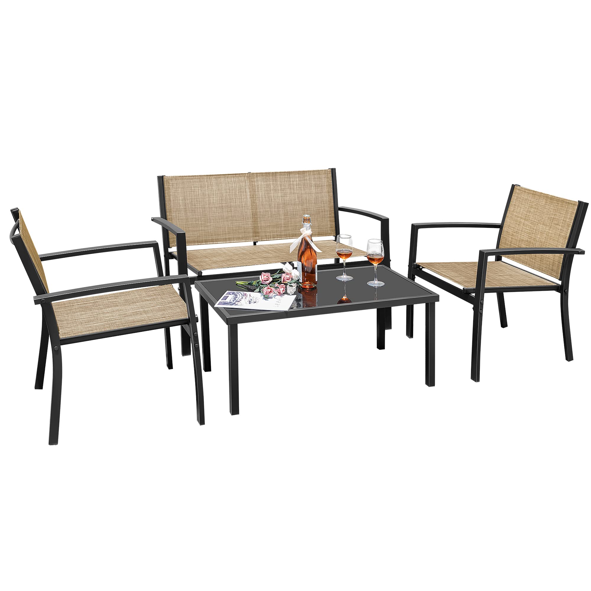 Flamaker 4-Piece Outdoor Patio Furniture Set - Modern Textilene Bistro Conversation Set with Loveseat & Tea Table in Yellow - Perfect for Home, Garden, Lawn, Balcony & Backyard Relaxation