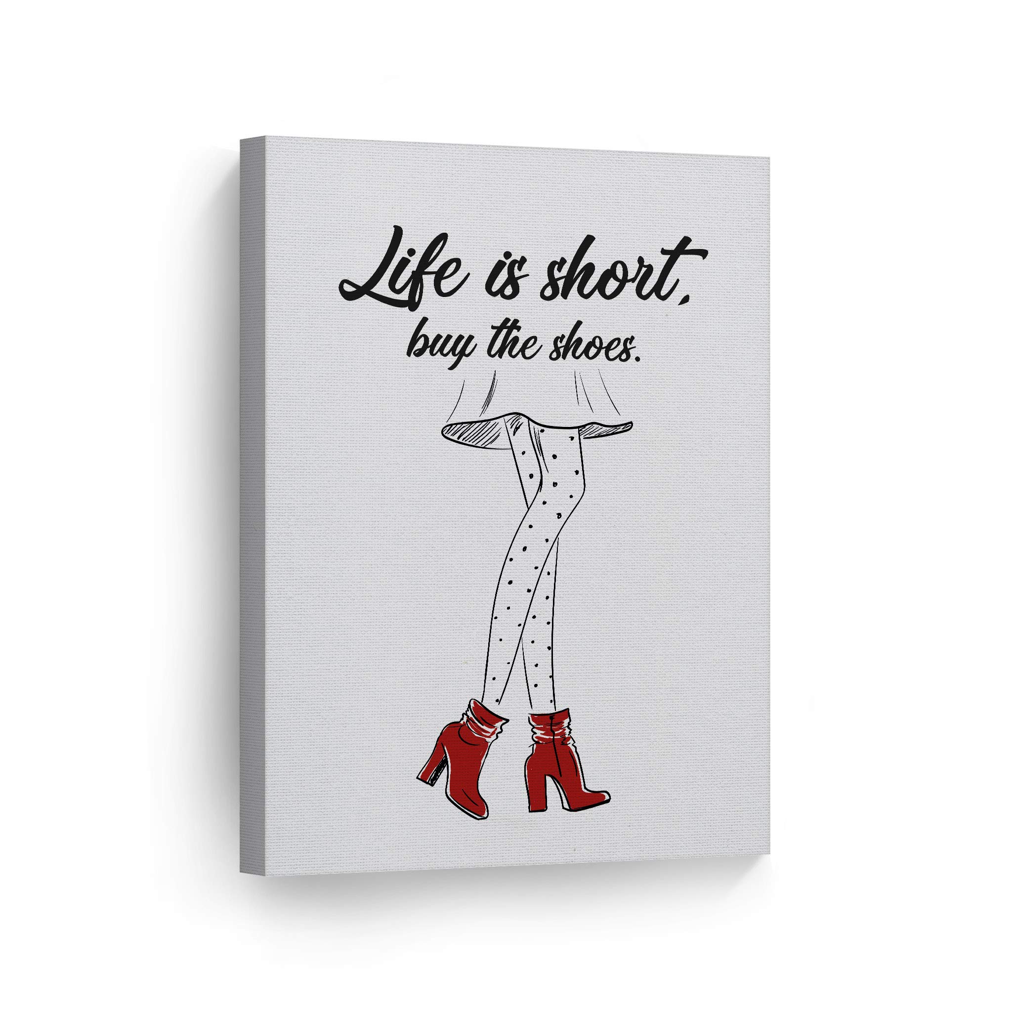 Life is Short Buy the Shoes Quote Wall Art - Red Boot Sketch Glam Fashion Canvas Print for Women's Office, Bathroom, Girls Room, Dorm, Bedroom & Living Room Decor - Ready to Hang 40x30 Inches - Perfect Motivational Gift for Shoe Lovers & Fashion Enthusiasts