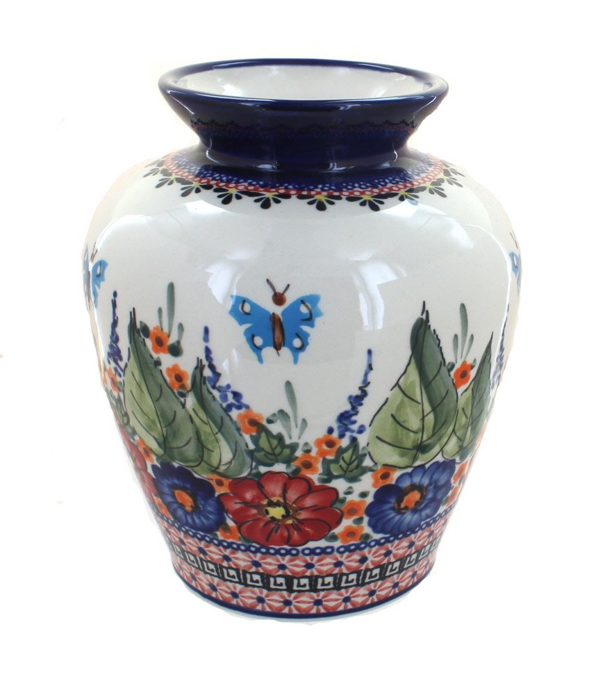Blue Rose Polish Pottery Floral Butterfly Medium Vase - Handmade Ceramic Home Decor for Living Room, Dining Table, Wedding Centerpiece