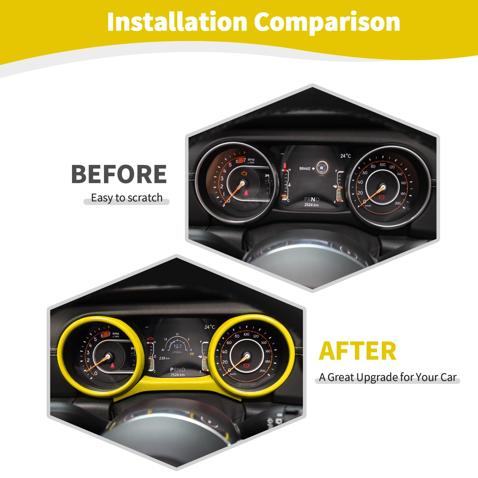 Jeep JL Dashboard Gauge Trim Ring Cover - Yellow Interior Accessories for Wrangler JL/JLU & Gladiator JT (2018-2023) - 3pcs Set - Perfect for Off-Roading & Custom Jeep Upgrades