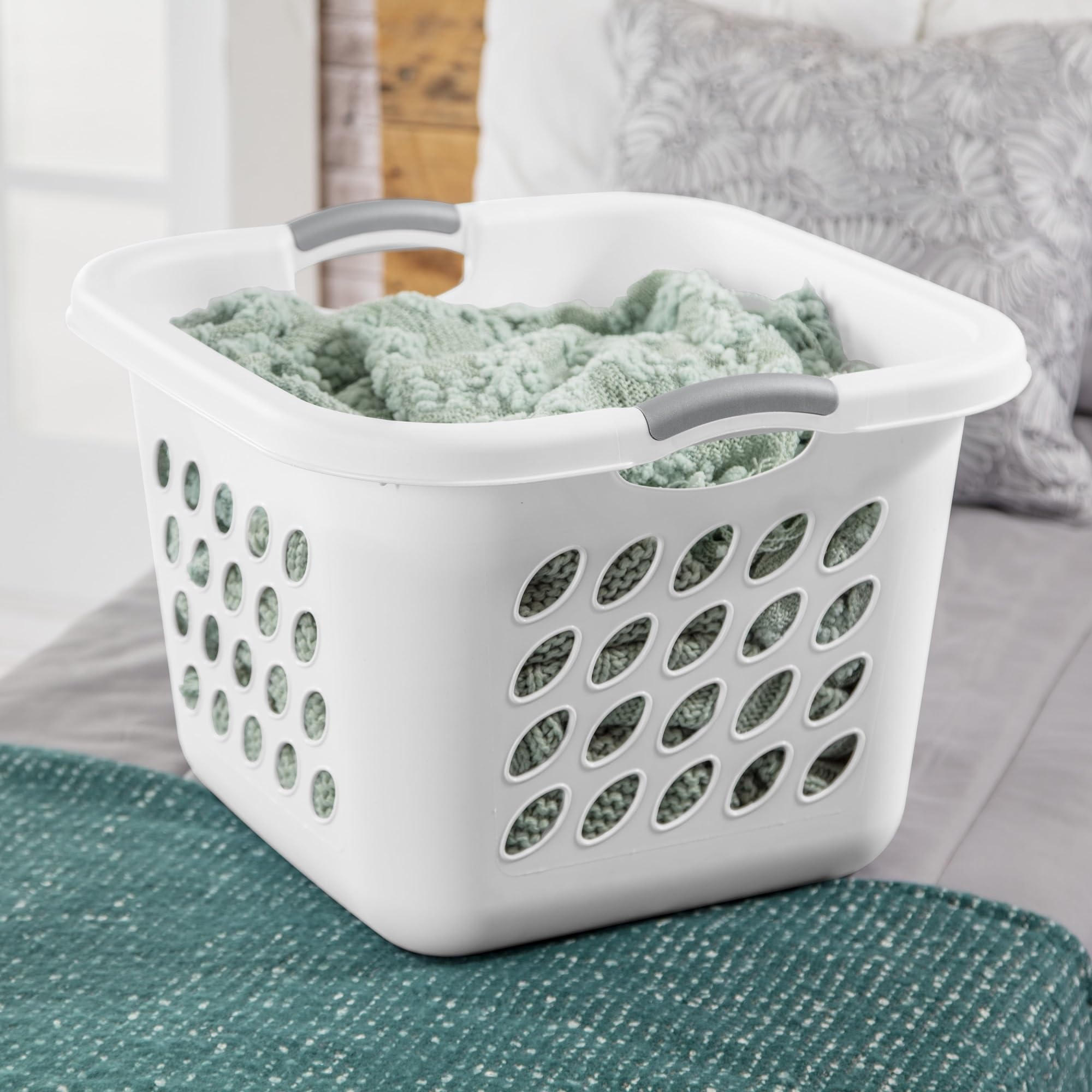 1.5 Bushel Square Laundry Basket with Handles - White Plastic Storage Hamper for Clothes, Bedroom, Bathroom & Laundry Room Organization
