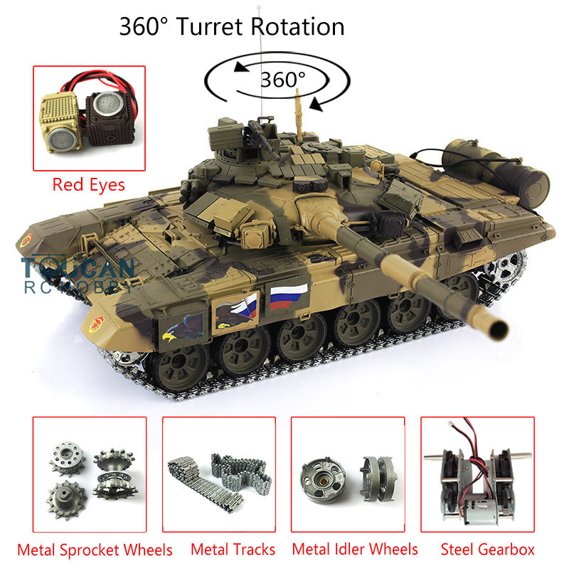 2.4Ghz Henglong 1/16 Scale 7.0 Russian T90 RTR RC Tank Model 3938 with 360° Rotating Turret, Red LED Eyes, Steel Gearbox & Metal Tracks - Perfect for Military Enthusiasts, Collectors and Outdoor RC Battles