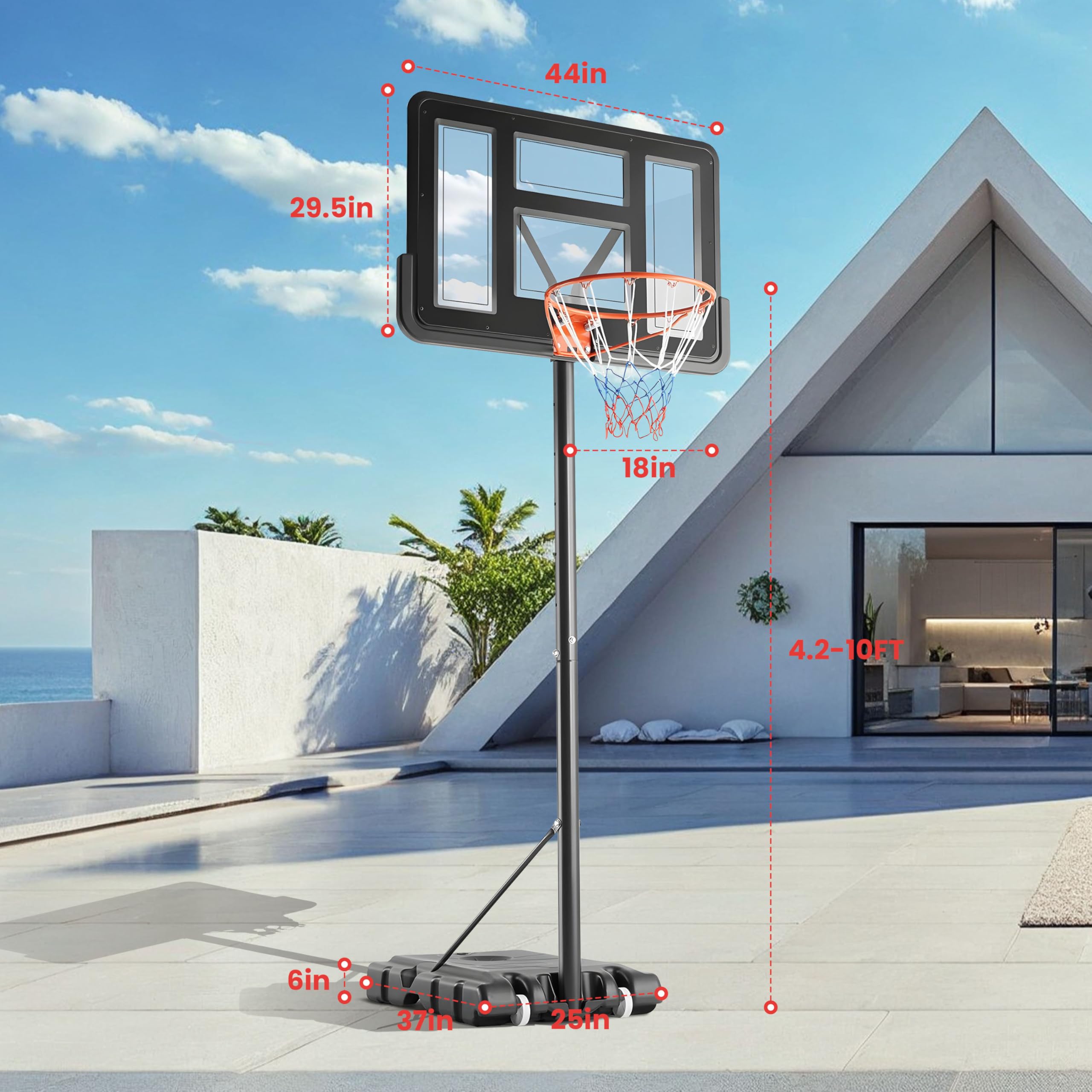 YSSOA 4.2-10Ft Adjustable Height Portable Basketball Hoop System with 44 Inch Shatterproof Backboard - Outdoor/Indoor Basketball Goal for Driveway, Backyard, Court - Perfect Gift for Kids, Youth & Adults - Great for Home Practice, School PE, and Family Fun Activities