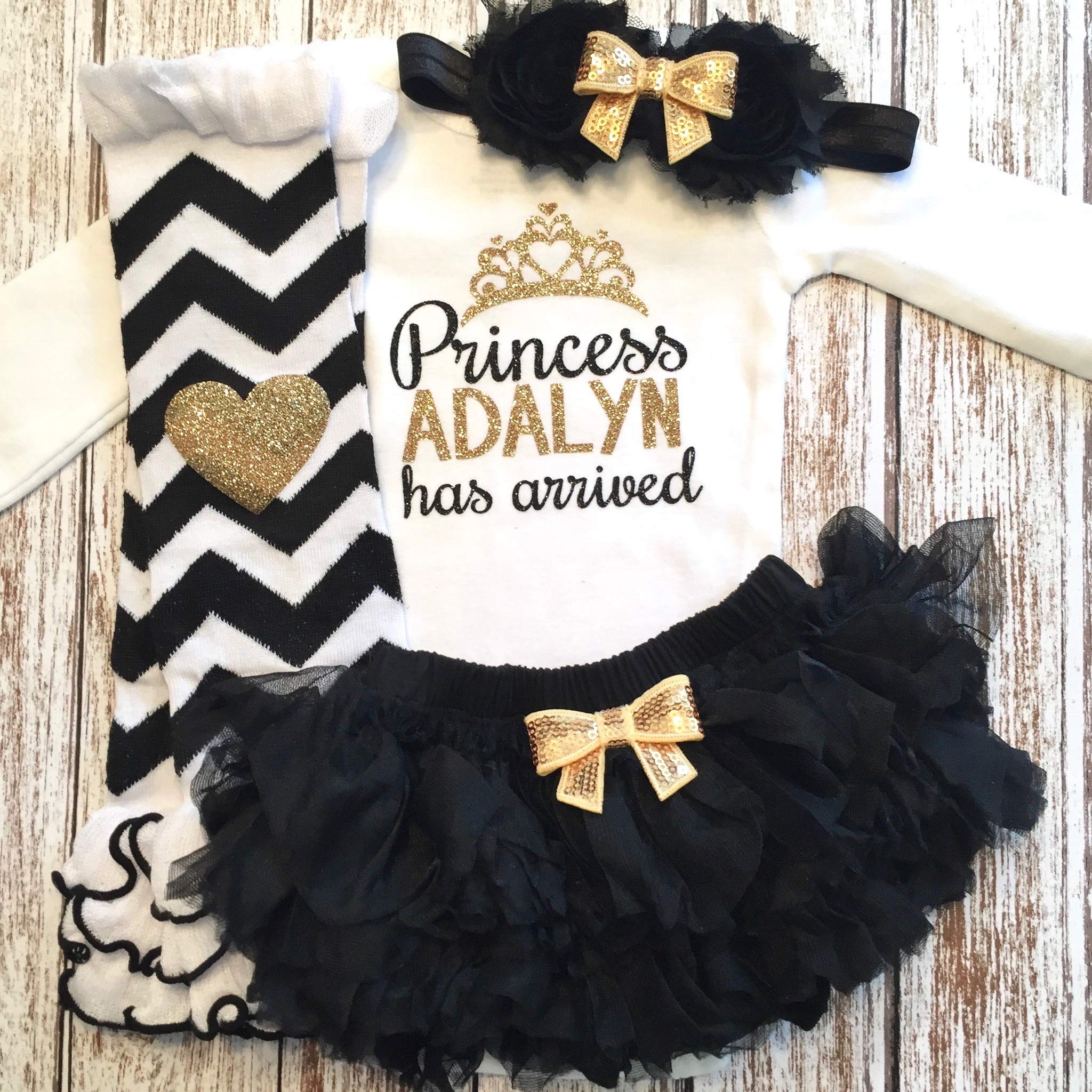 Personalized Baby Girl Take Home Outfit Set - Custom Name, Tutu Bloomers, Headband & Leg Warmers (Black + Gold) | Newborn Photo Shoot, Christening Gift, Princess-Themed Birthday Party