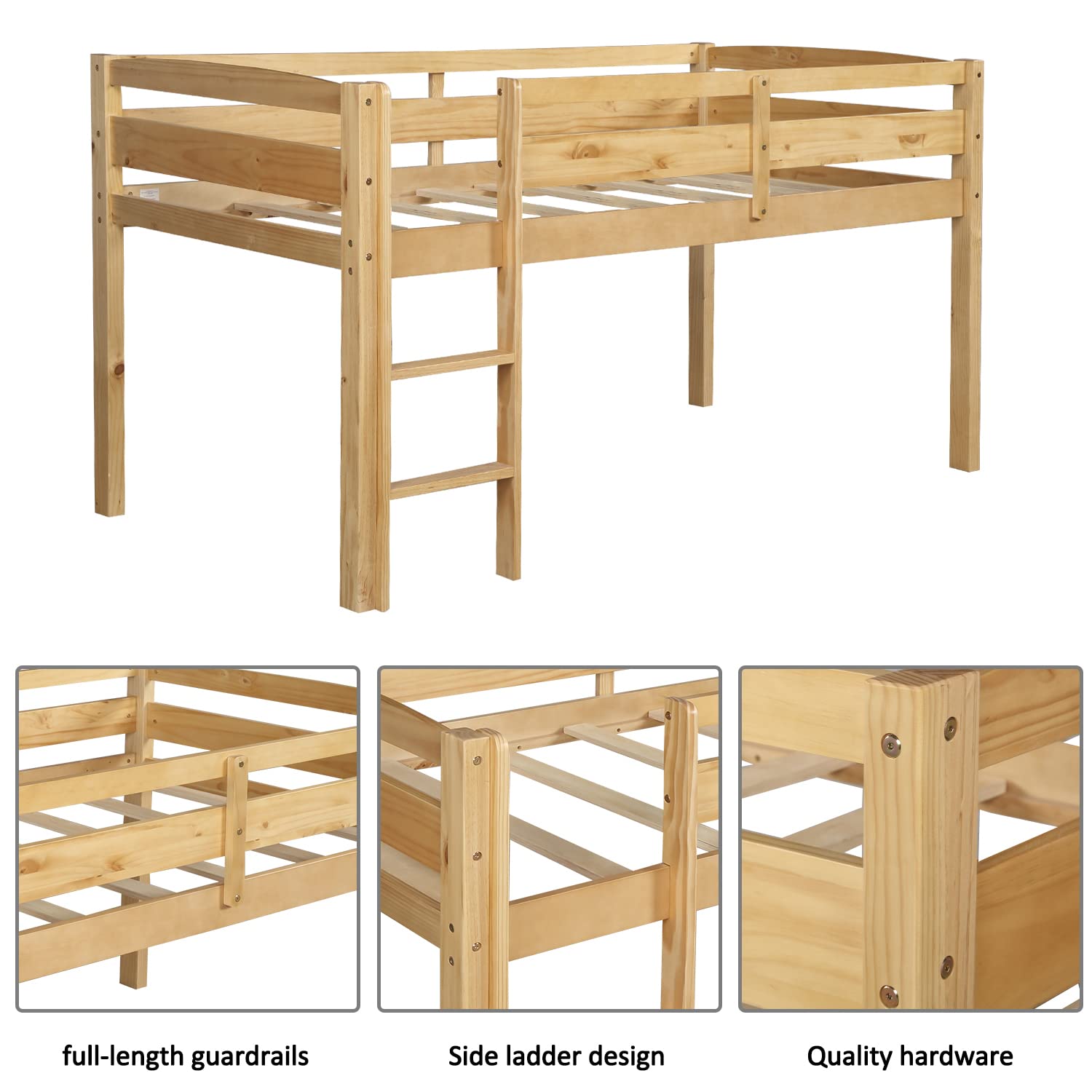 Harper & Bright Designs Low Loft Twin Wooden Bed Frame with Ladder - Sturdy Solid Wood Kids Bed for Boys & Girls in Walnut Finish - Perfect for Small Bedrooms, Dorm Rooms & Kids' Sleepovers