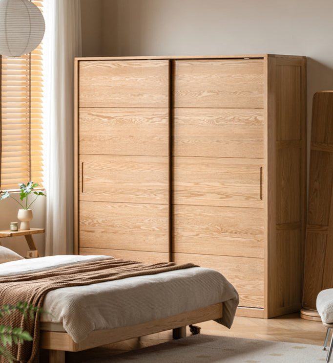Solid Oak Wood Sliding Door Wardrobe Closet - Modern & Durable Storage for Bedroom, Living Room, or Walk-In Closet Organization