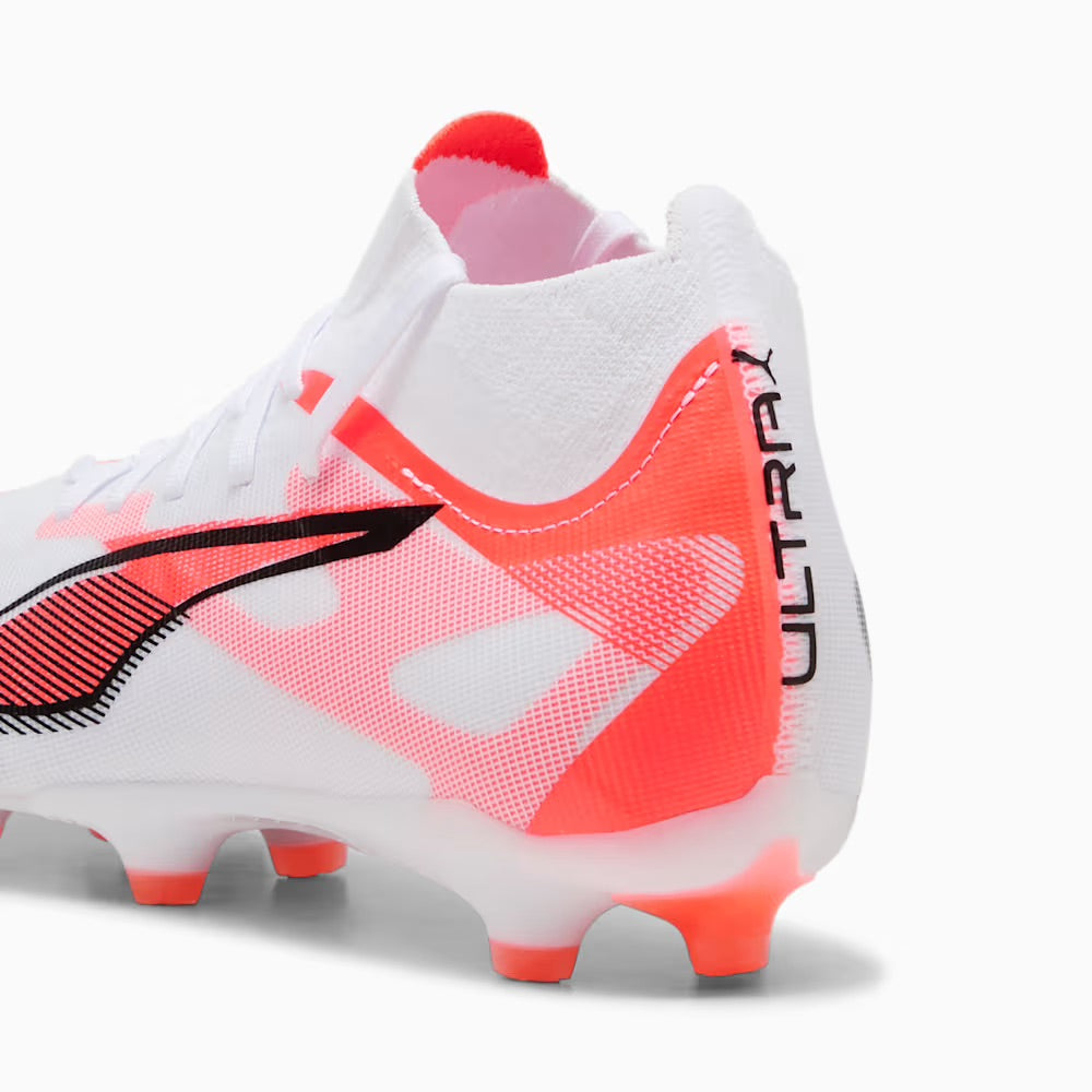 Puma Ultra 5 Match+ FG/AG Women's Soccer Cleats - White/Black/Glowing Red | Lightweight Football Shoes for Women | Perfect for Competitive Matches & Training Sessions
