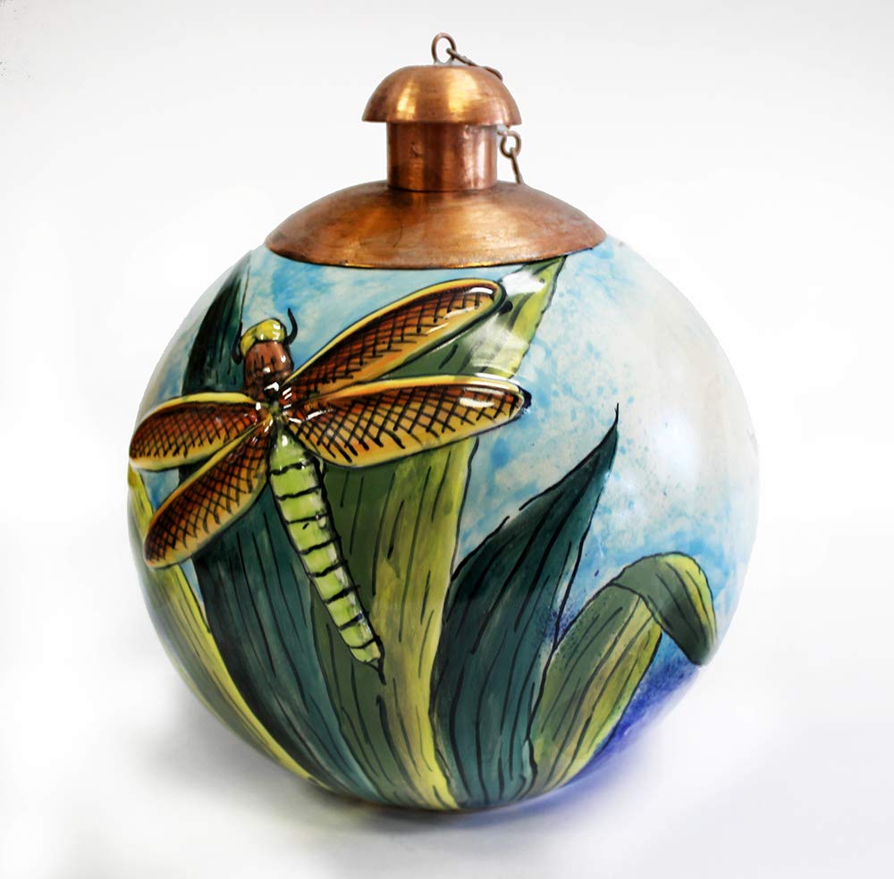 Hand Painted Mexican Tabletop Torch - Dragonfly Design for Outdoor Patio, Garden, and Backyard Decor