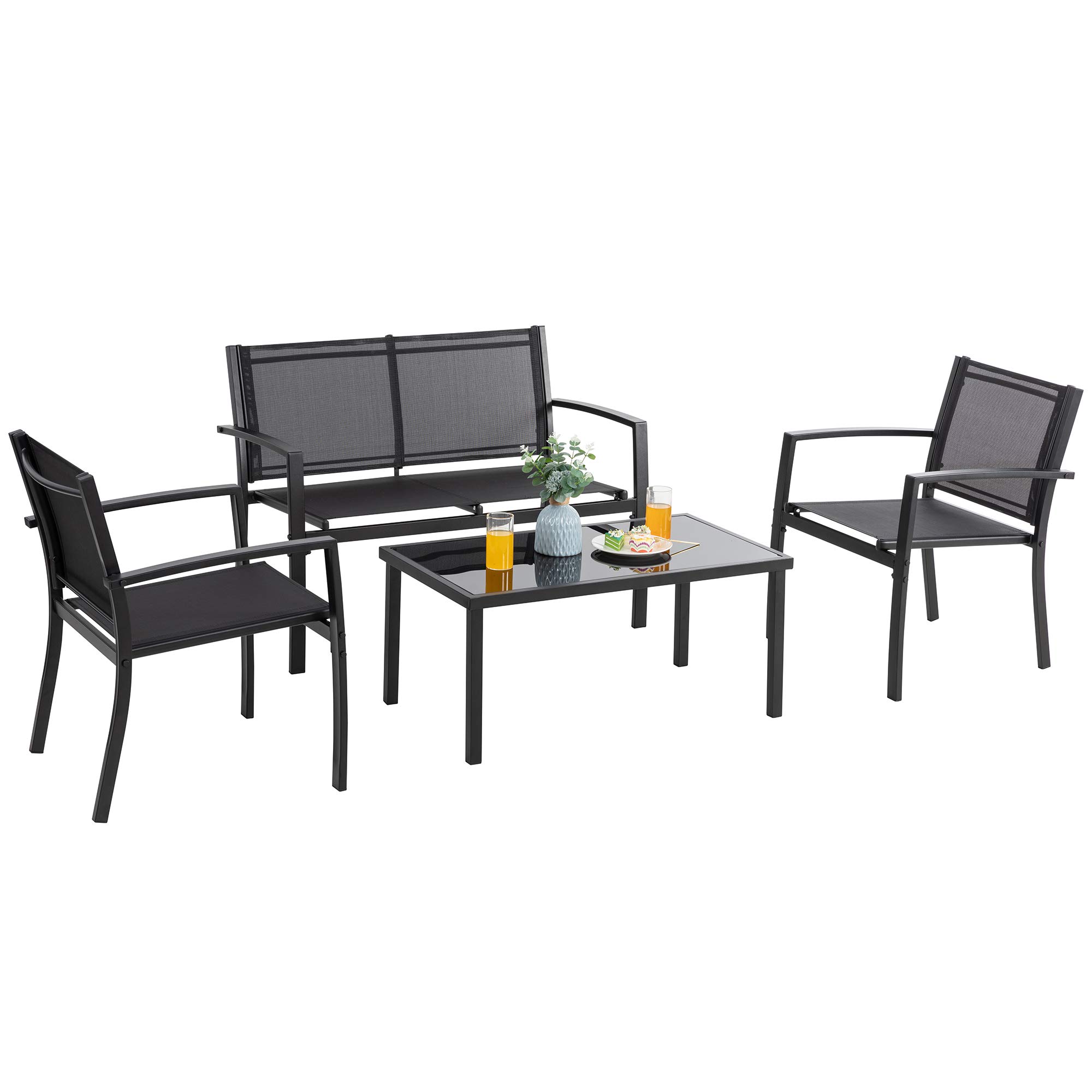 4-Piece Outdoor Patio Furniture Set with Glass Coffee Table - Black Garden Conversation Set for Porch, Balcony, Backyard & Small Spaces | Durable Weather-Resistant Patio Table & Chairs for Relaxing & Entertaining