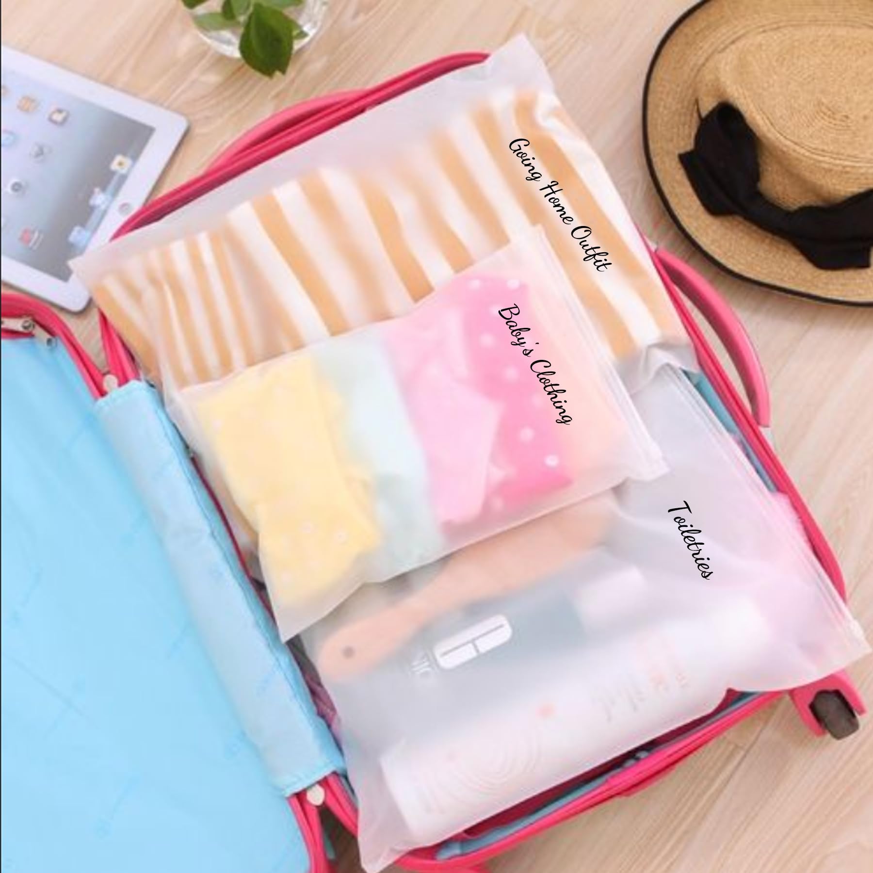 20 Pack Frosted Hospital Pouches with 3 Clear Sticker Sheets - 13.78 x 15.74 Inch Maternity Essentials for Labor, Diaper Storage & Newborn Care - Perfect for Hospital Bags, Baby Showers & Parenting Organization