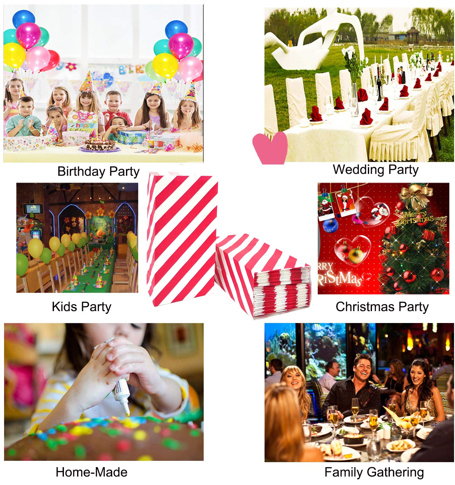 Red Striped Mini Paper Party Favor Bags - 50 Pack (3.5×2.3×7 inches) for Kids Birthday Party, Baby Shower & Wedding Favors - Perfect for Candy, Gifts & Goodies