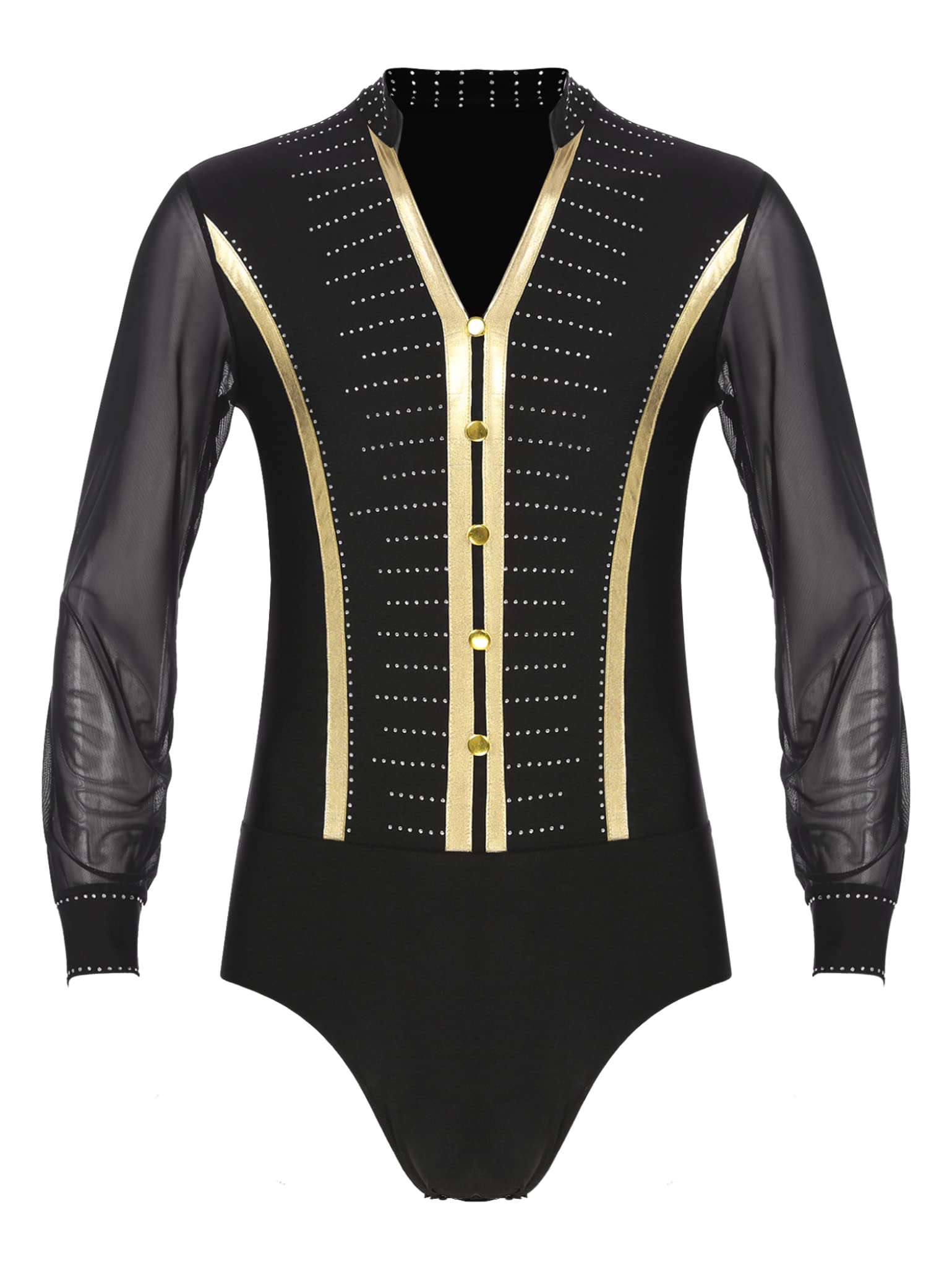 Mens Latin Ballet Dance Bodysuit Leotard - Long Sleeve V Neck Mesh Splice Shiny Rhinestones Shirts for Performance, Competition & Stage Costume