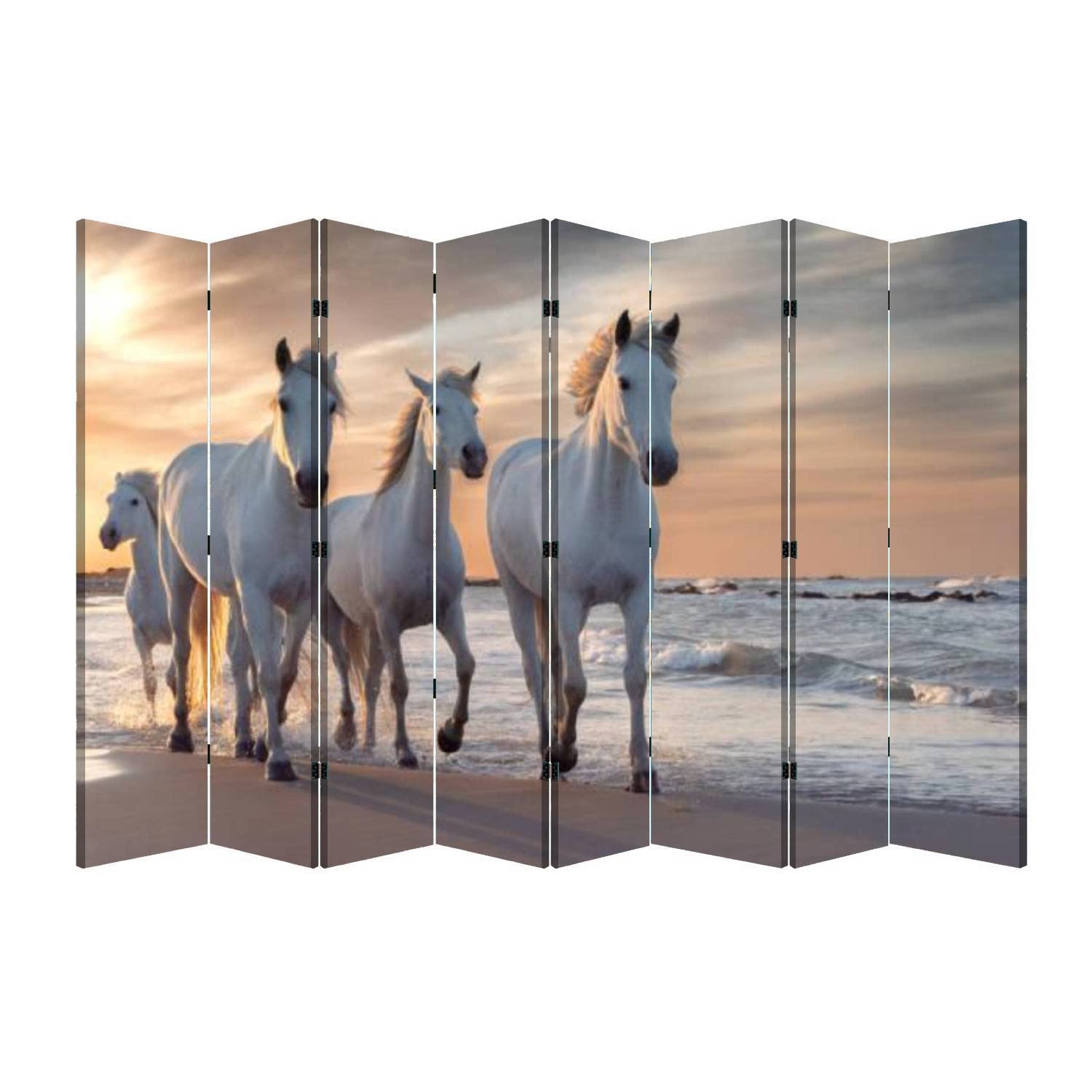 8 Panel Folding Room Divider - White Horses in Camargue France Design - Portable Freestanding Privacy Screen for Home, Office & Bedroom - Perfect for Space Separation & Decoration