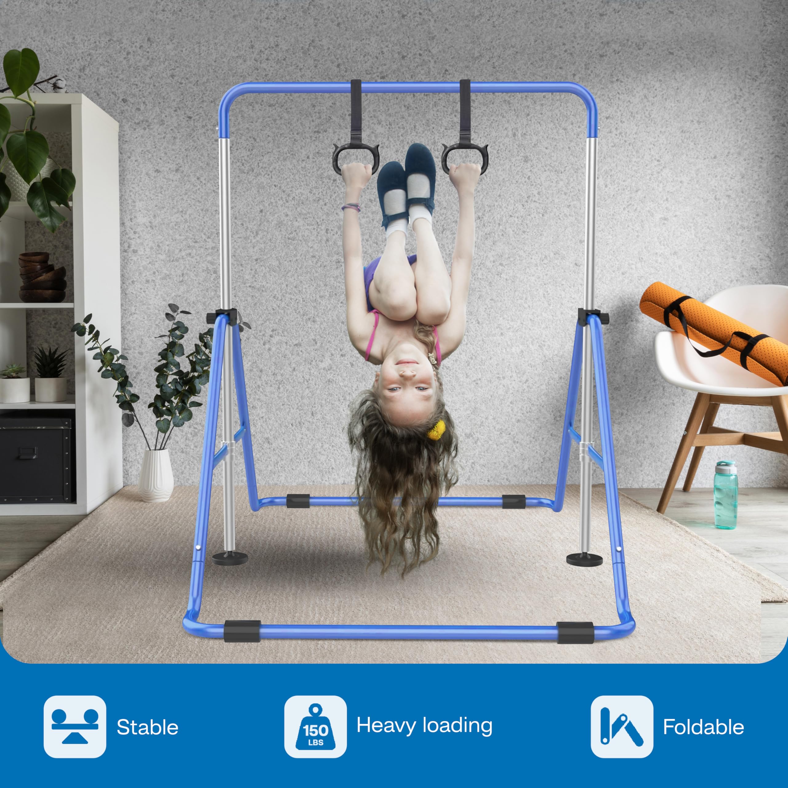 Premium Adjustable Gymnastics Bar for Kids Ages 6-14 | Heavy-Duty Steel Construction with Crystal Stone Finish | Foldable Home & Outdoor Horizontal Bar with Rings | Perfect for Backyard Training, Playground & Indoor Exercise