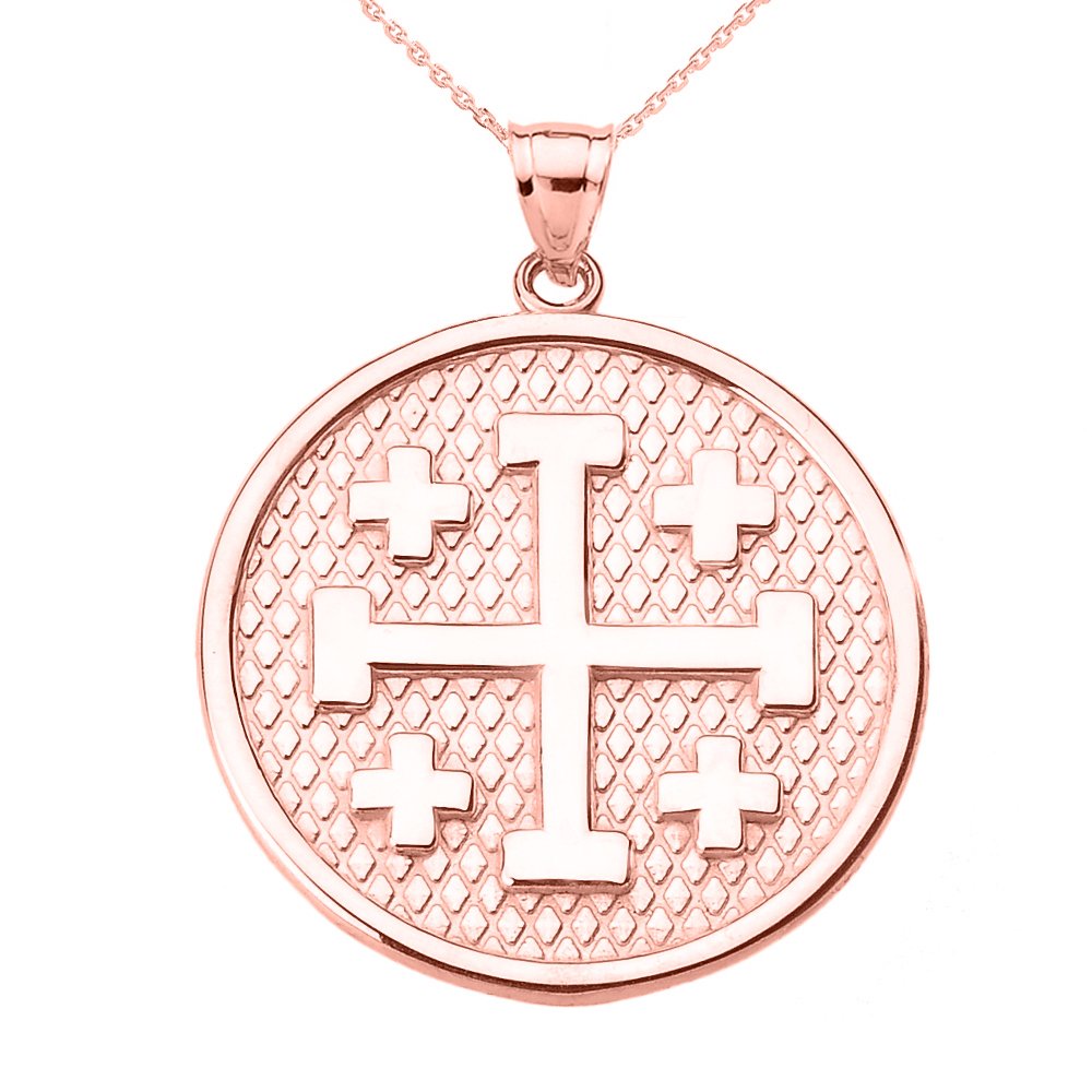 10K Rose Gold Engravable Jerusalem Cross Pendant Necklace for Women - Religious Jewelry Gift for Baptism, Confirmation & Special Occasions