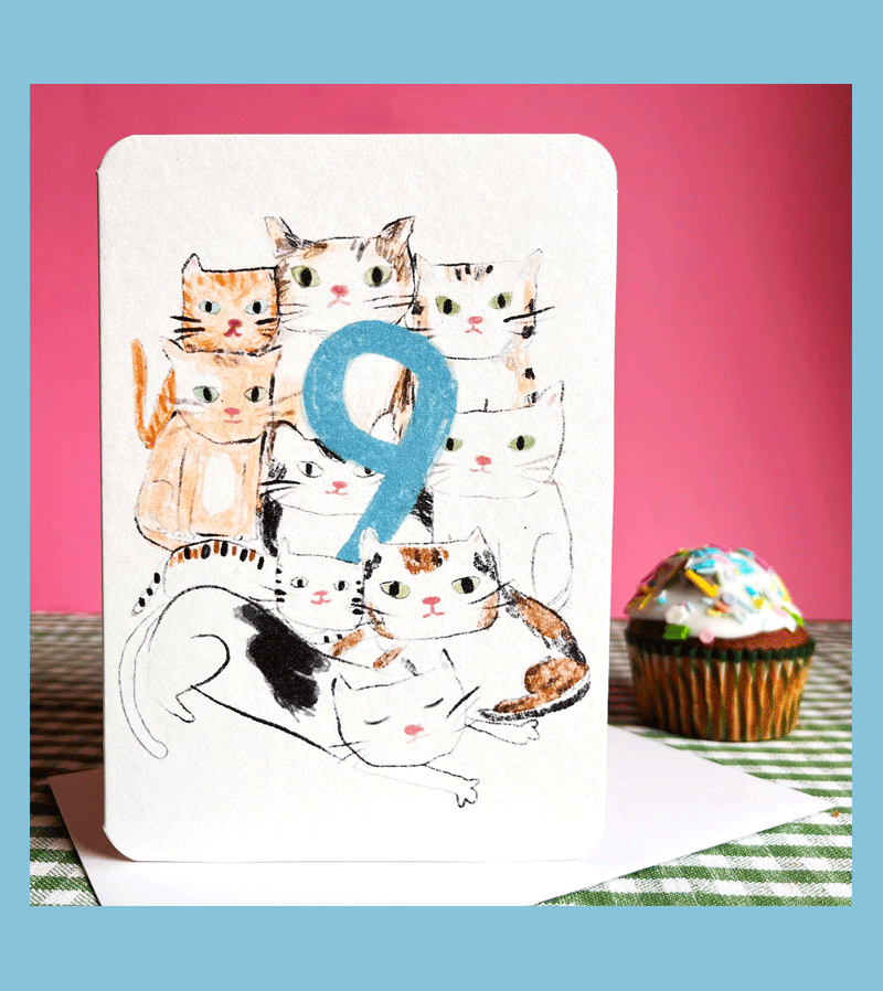 Funny Cat Birthday Card for 9 Year Old Girls | Cute Feline Animal Theme Greeting Card by Laura Skilbeck | Perfect for Kids Parties & Special Occasions