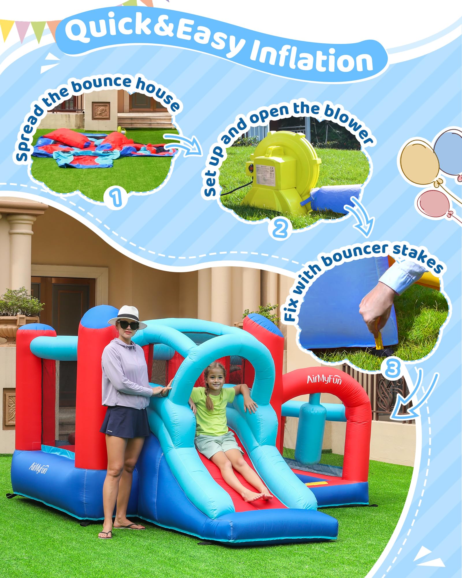 AirMyFun Inflatable Bounce House with Slide & Ball Pit - Indoor/Outdoor Kids Bouncer Castle for Birthday Parties, Backyard Fun, and Family Gatherings - Includes Basketball Hoop, Target Balls & Boxing Gloves