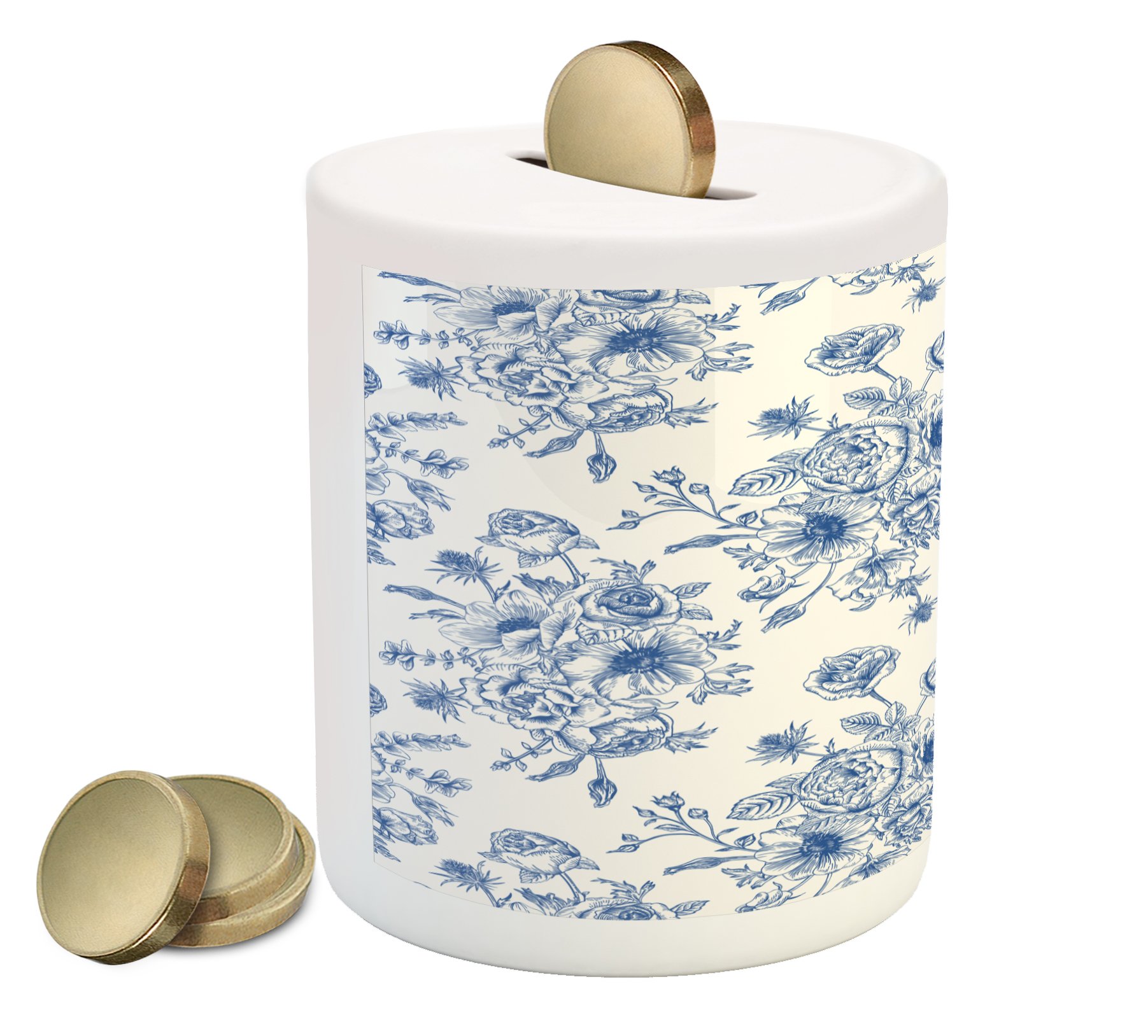 Ambesonne Floral Ceramic Piggy Bank - Blue Anemone Flower Victorian Design Coin Bank for Cash Savings | Elegant Money Box for Home Decor, Gift Ideas & Kids' Savings (Night Blue & White)