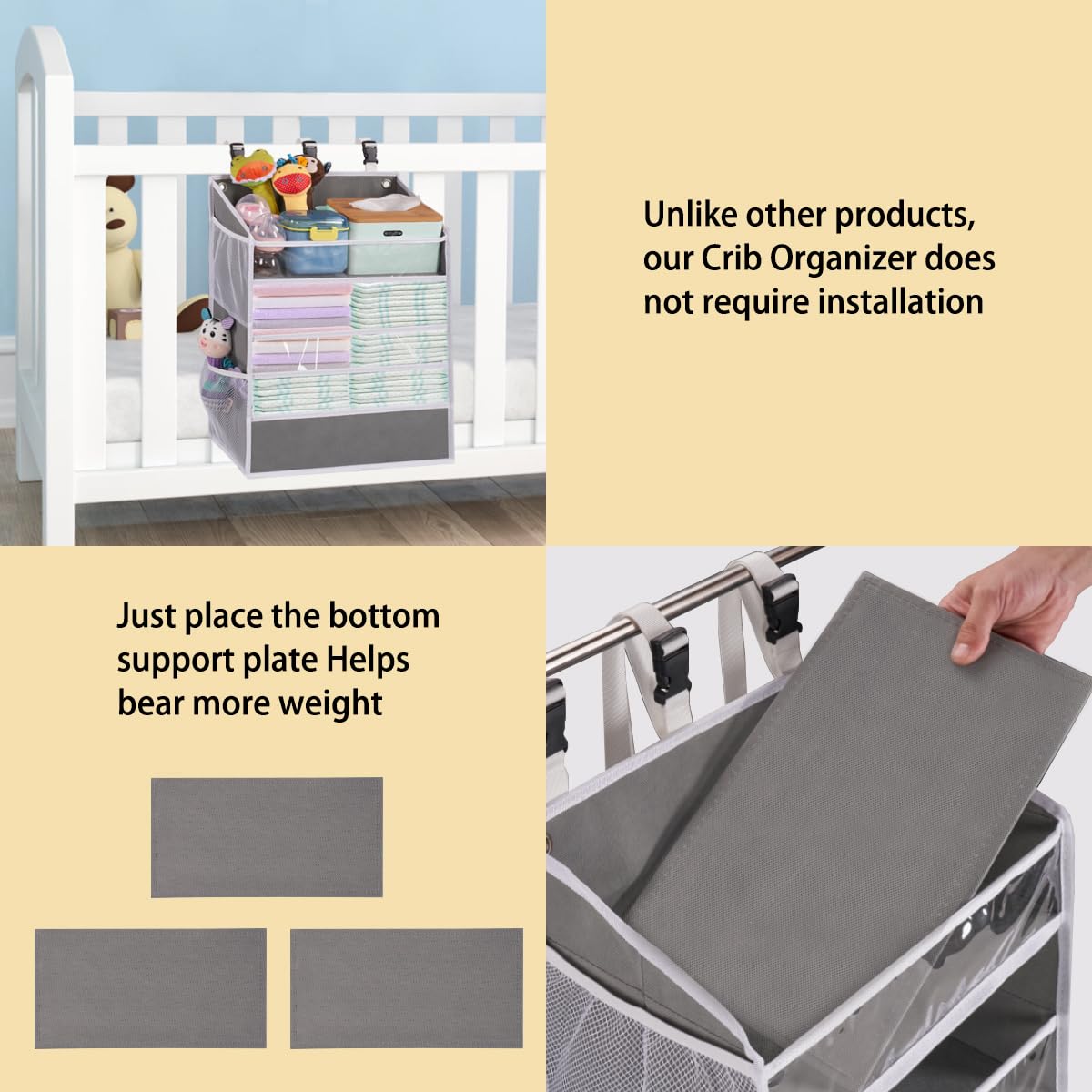 WishJazz Hanging Diaper Caddy Organizer - Baby Diaper Storage for Nursery, Changing Table & Playpen - Holds 90+ Diapers, Wipes & Essentials - Perfect for Newborn Care & Nursery Organization (Gray)