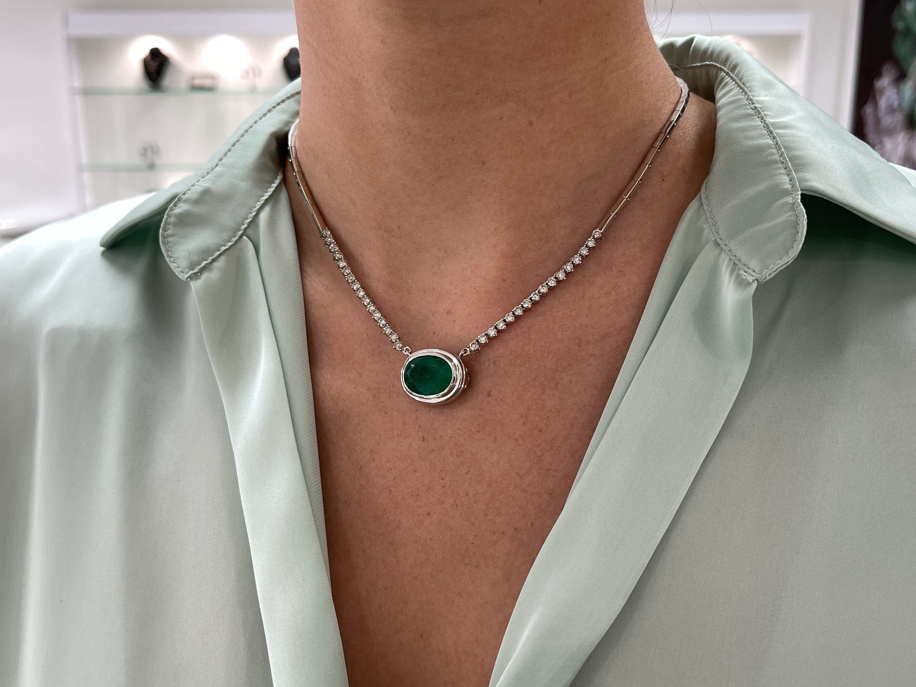 10.83tcw Oval Emerald & Diamond Statement Necklace in 14k Gold - Elegant Hepburn Style Jewelry for Weddings, Parties & Special Occasions