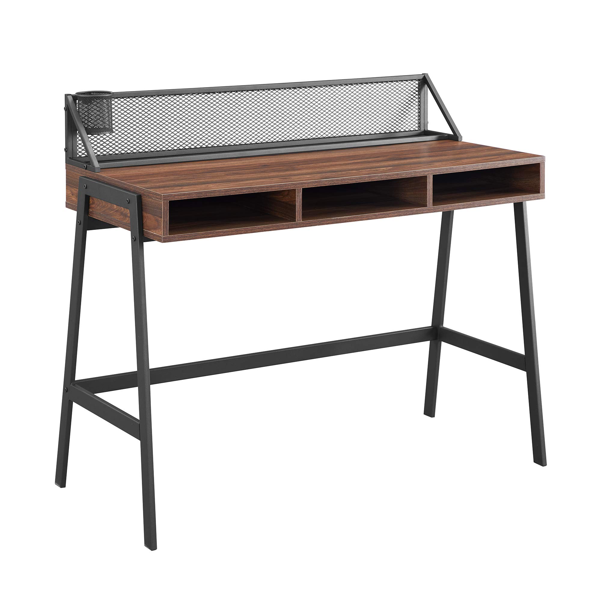 Walker Edison 42 Inch Industrial Mesh Wood Laptop Desk - Dark Walnut Home Office Workstation for Small Spaces, Compact Writing Table for Modern Living Rooms and Dorm Rooms