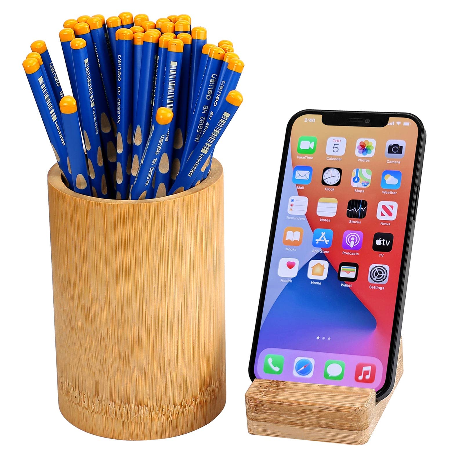 Bamboo Pen & Pencil Holder with Phone Stand - Multi-Functional Desk Organizer for Office & Home Use | Perfect for Writing Tools, Smartphones & Desk Organization
