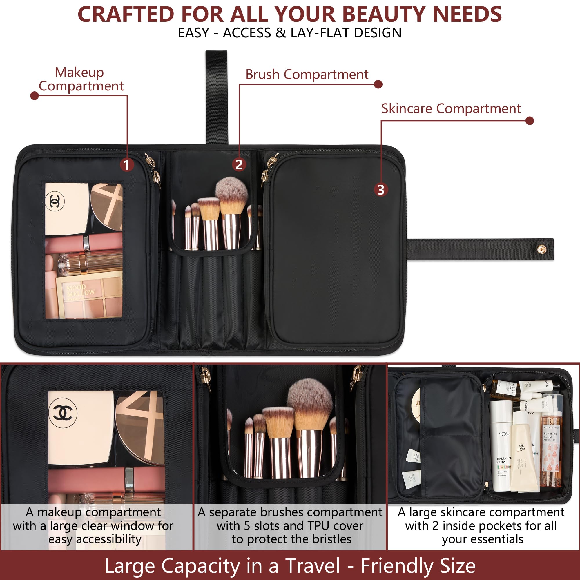 Compact Travel Makeup Bag for Women - Large Capacity Cosmetic Organizer for Brushes & Toiletries | Portable Makeup Case for Business Trips, Vacations & Weekend Getaways (Black) | Perfect for Airplane Carry-On & Gym Essentials