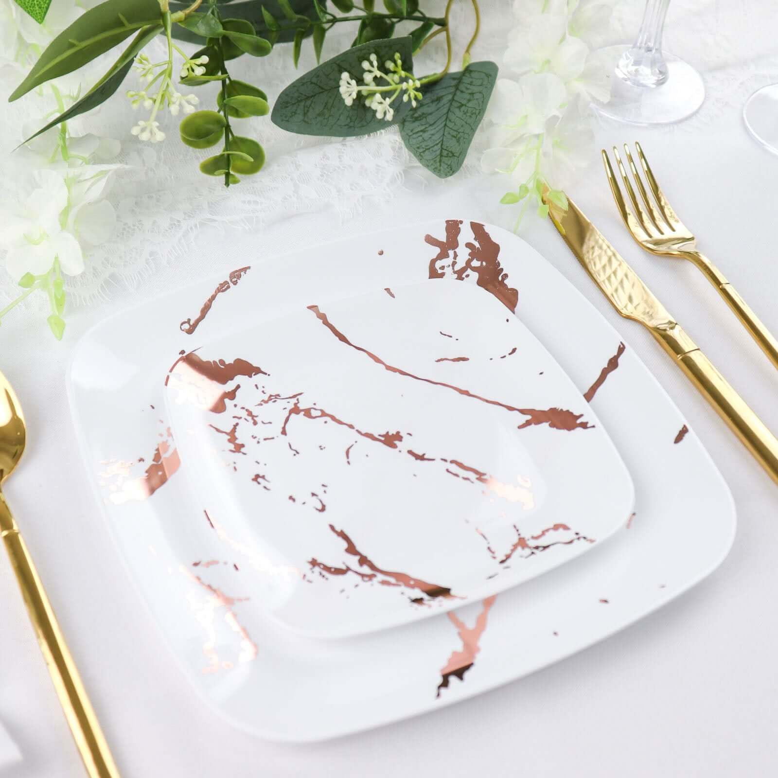 Efavormart 10 Pack White Rose Gold Marble 6 Inch Square Plastic Appetizer Dessert Plates - Disposable Party Plates for Weddings, Birthdays, Baby Showers & Special Events