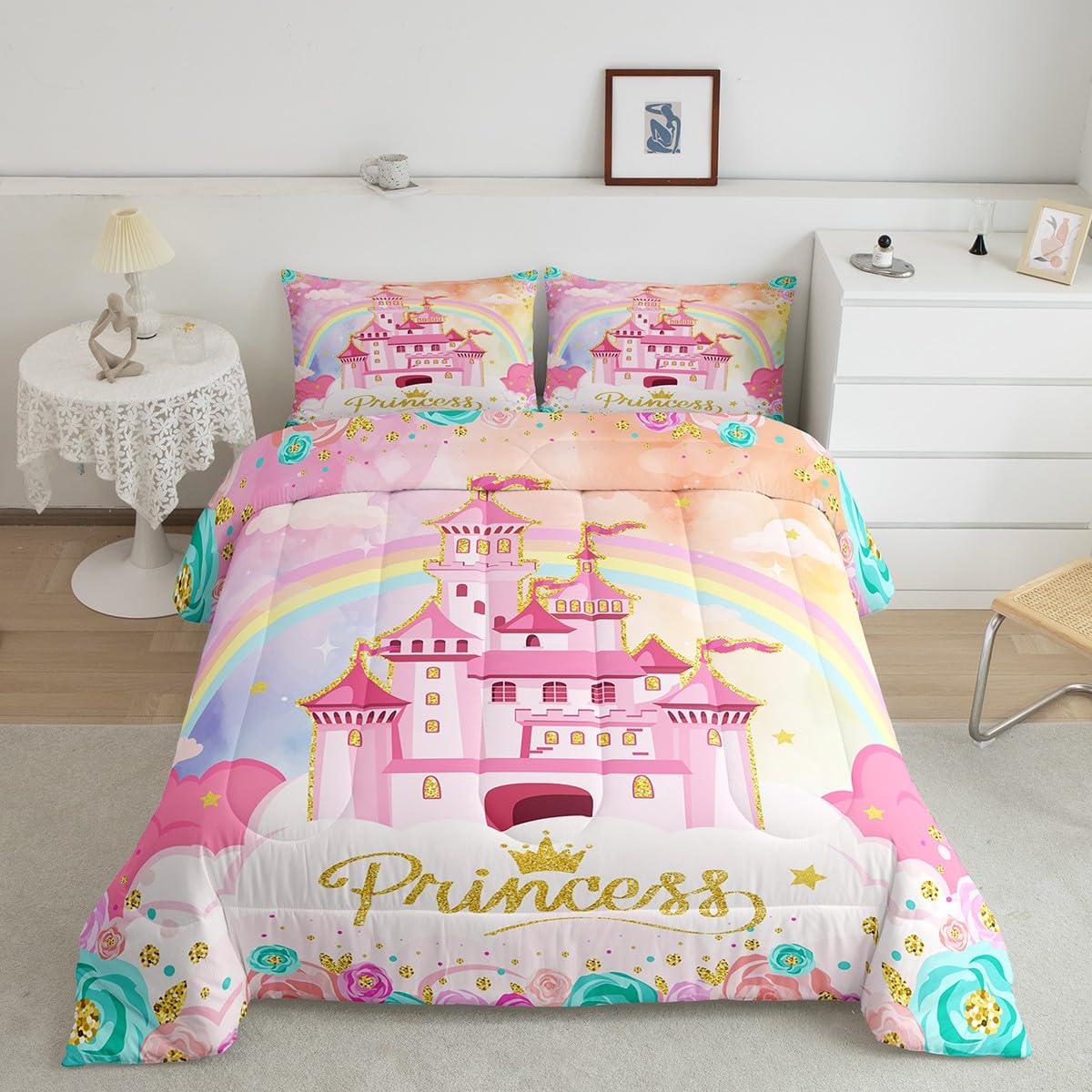 Fairy Tale Princess Comforter Set Twin Size 2 Pcs - Starry Rainbow Sky Glitter Bedding with Flowers & Castle Design for Girls' Bedroom | Dreamy Pink Duvet Insert & Pillowcase | Perfect for Kids' Room Decor, Birthday Gifts & Fantasy Themed Bedrooms