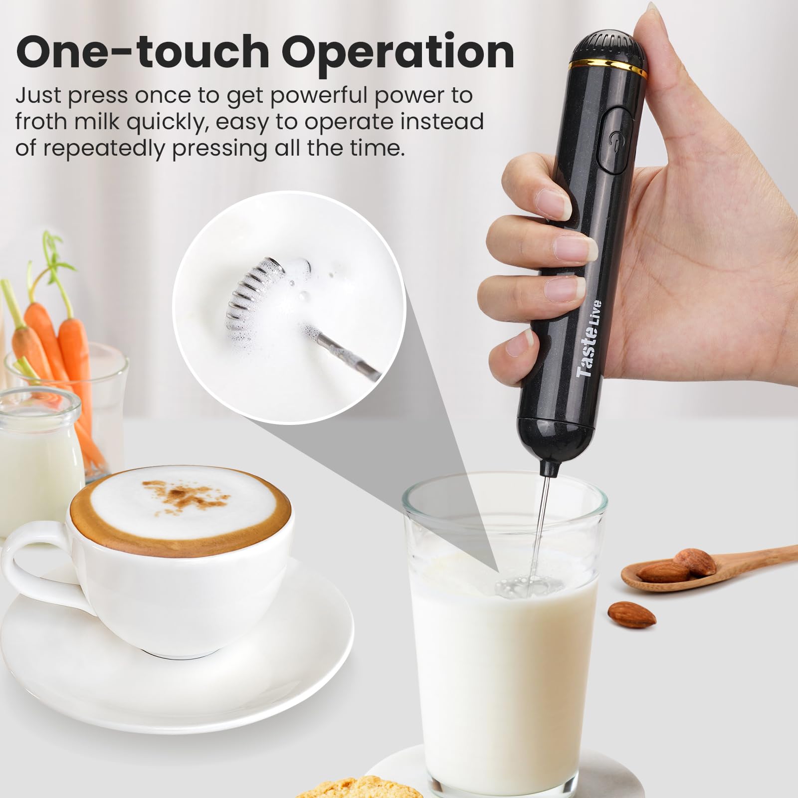 Electric Milk Frother Handheld - Battery Operated Mini Whisk for Coffee, Matcha, Hot Chocolate & Protein Shakes - Perfect for Lattes, Cappuccinos & Smoothies at Home or Office (Black)