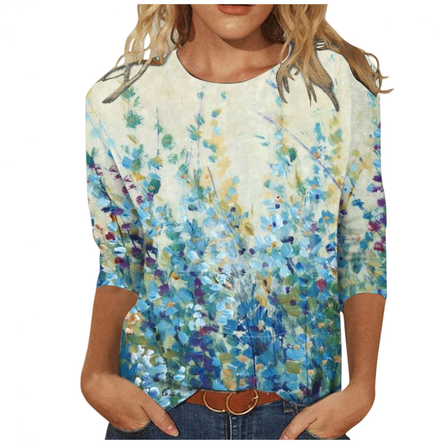 FABIURT Women's 3/4 Sleeve Butterfly Print T-Shirt - Casual Loose Fit Lightweight Blouse for Everyday Wear, Work & Outings