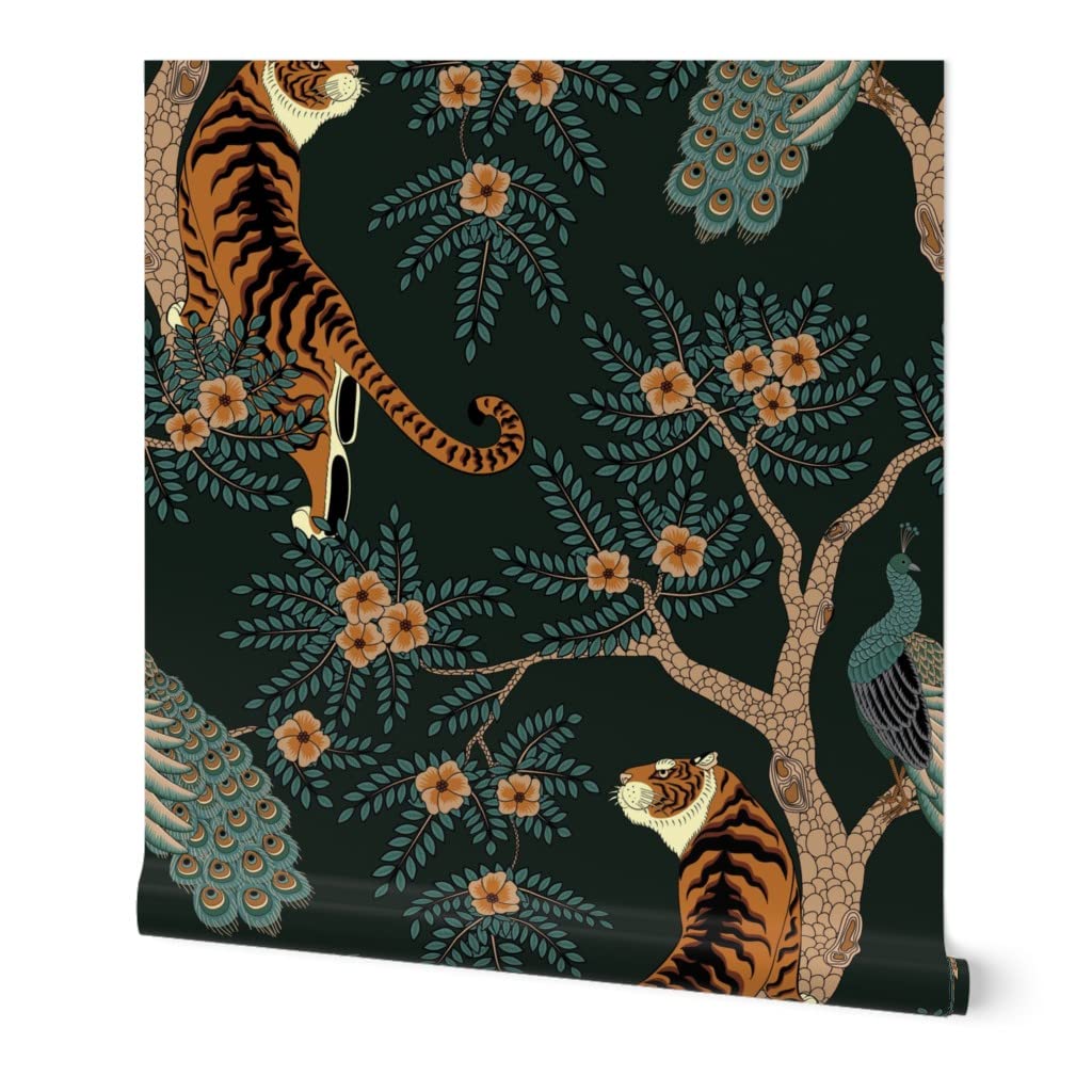 Premium Commercial Grade Wallpaper Swatch - Exotic Tiger Peacock Black Bird Asian Floral Chinoiserie Traditional Design by Spoonflower | Perfect for Living Room, Bedroom, and Office Decor