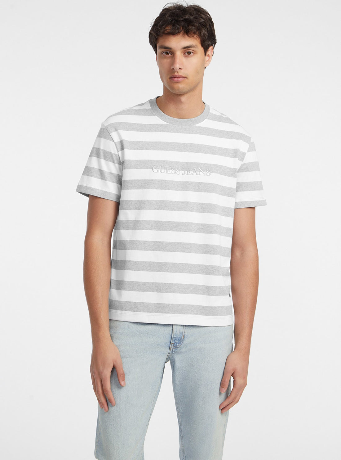 Guess Jeans Women's White & Grey Striped Cotton T-Shirt - Casual Short Sleeve Tee for Everyday Wear, Outfits & Layering