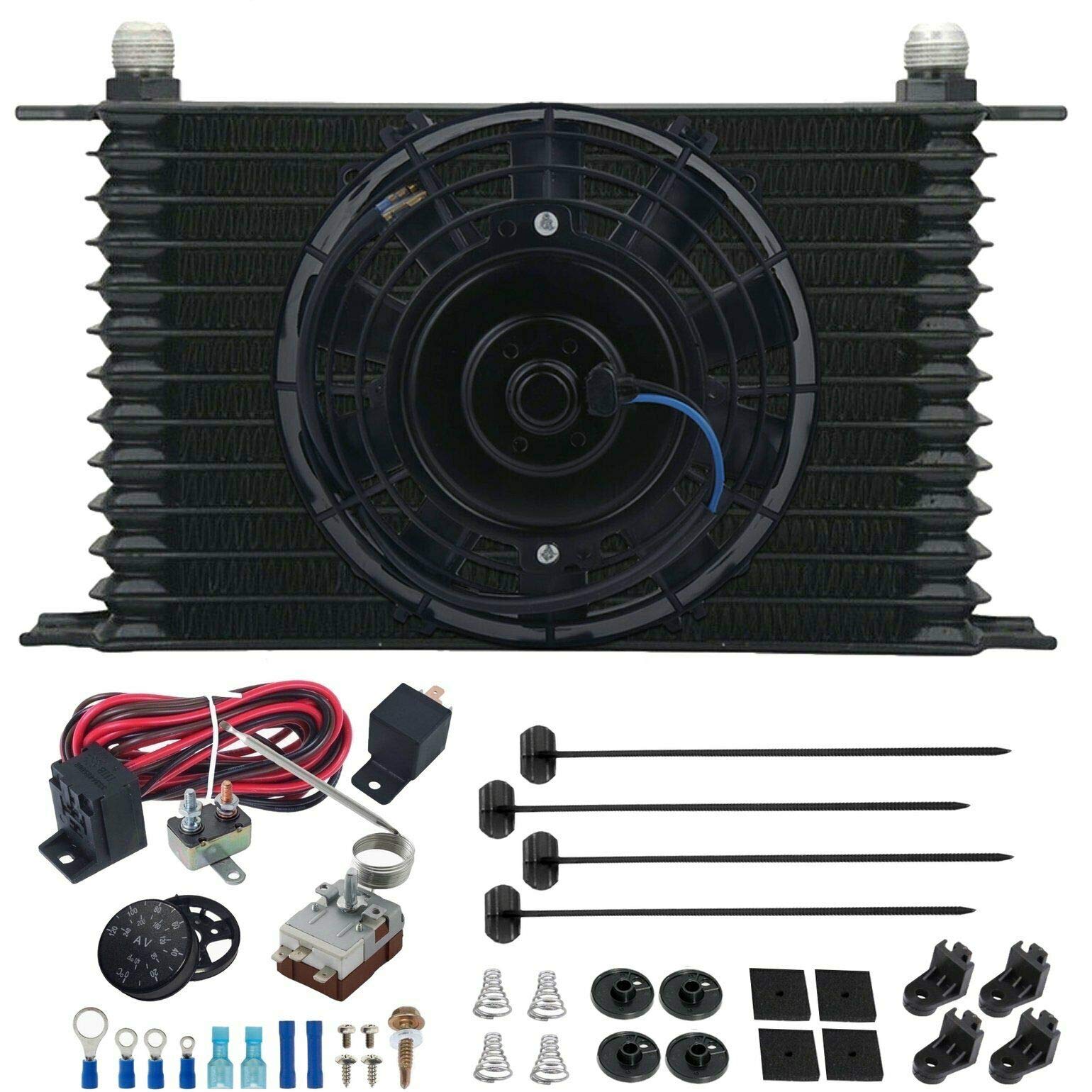 13 Row 10AN Transmission Oil Cooler with Electric Fan & Adjustable Thermostat Controller Kit - Universal Fit for Cars, Trucks & Off-Road Vehicles - Perfect for High-Performance, Towing & Racing Applications
