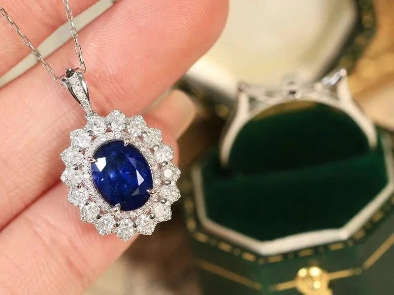 18K White Gold Pendant with Natural Blue Sapphire & Diamond - Luxury Women's Necklace for Wedding, Party & Special Occasions | Elegant Jewelry Gift for Her