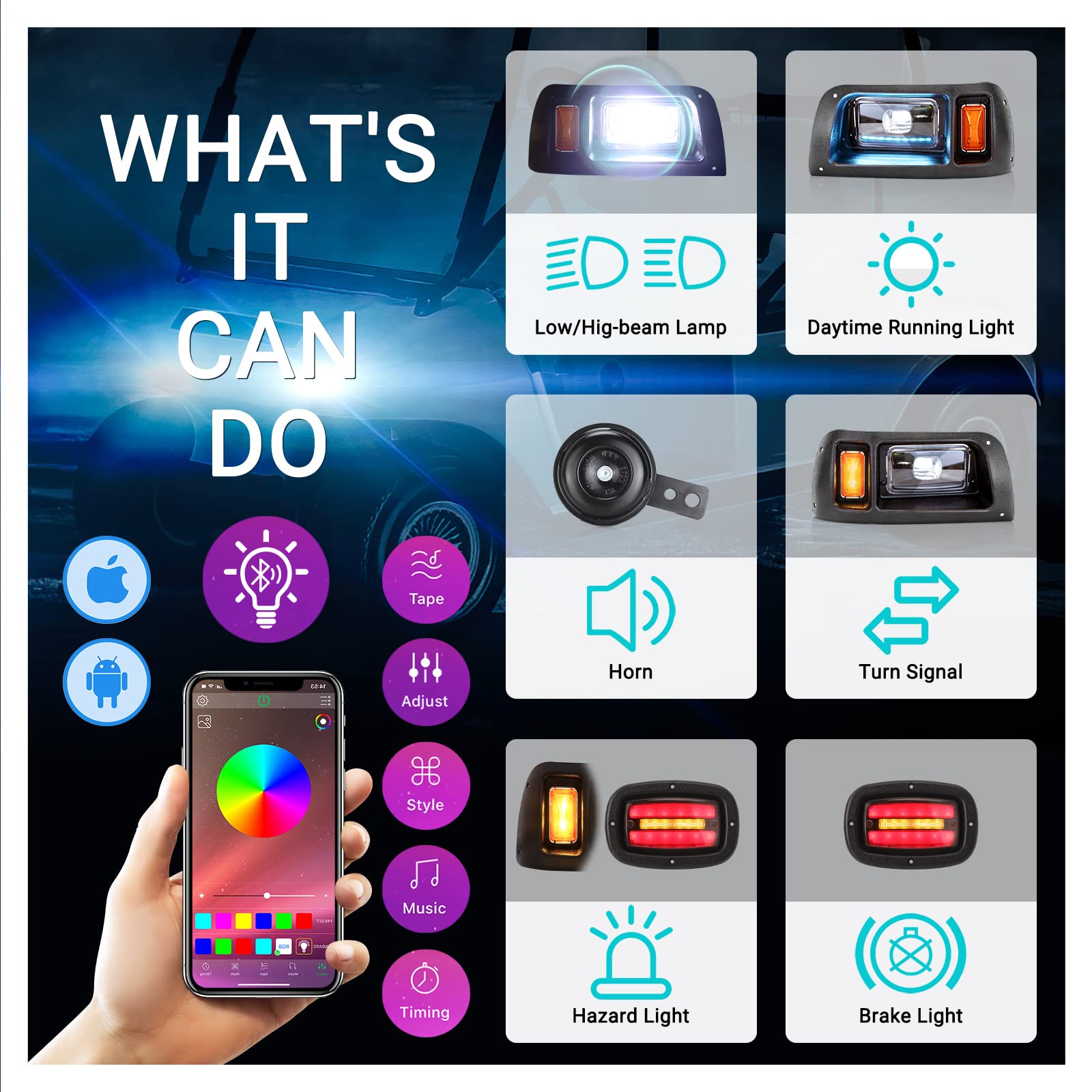 10L0L Deluxe Golf Cart Lights Kit for Yamaha G14/G16/G19/G22 - Built-in DC Converter, RGB Daytime Running Lights, App Control, Music Sync - Perfect for Night Golfing, Club Car Upgrades & Off-Road Adventures
