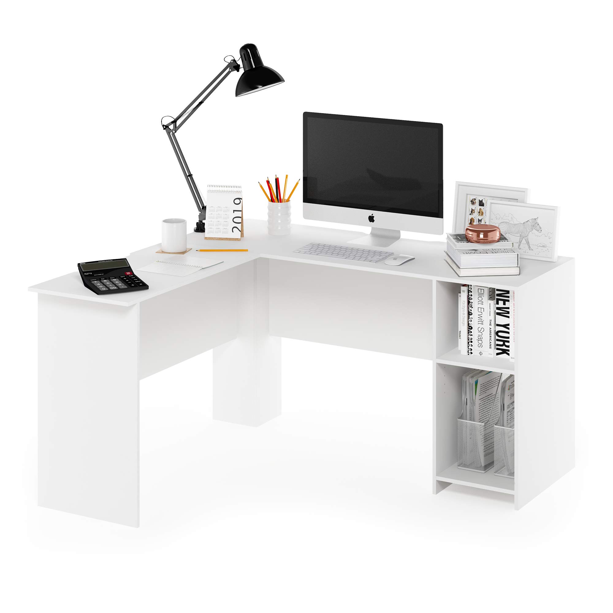 Furinno Indo L-Shaped Computer Desk with Bookshelf - White Home Office Desk for Small Spaces, Gaming & Study Workstation - Compact Corner Desk with Storage Shelf for PC, Laptop & Books