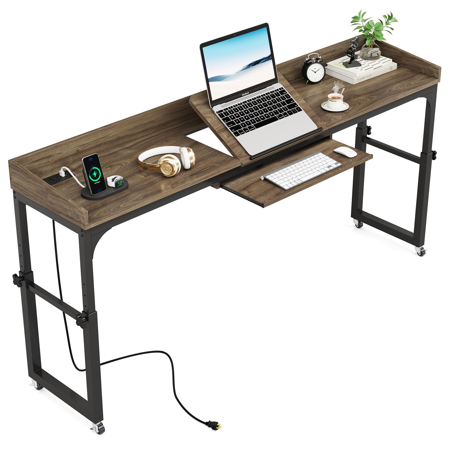 Adjustable Overbed Table with Wheels - Portable Rolling Desk with Outlets & USB Ports - Height Adjustable Laptop Table for Queen Bed - Multi-Angle Tilt Stand for Work, Eating, or Reading in Bed