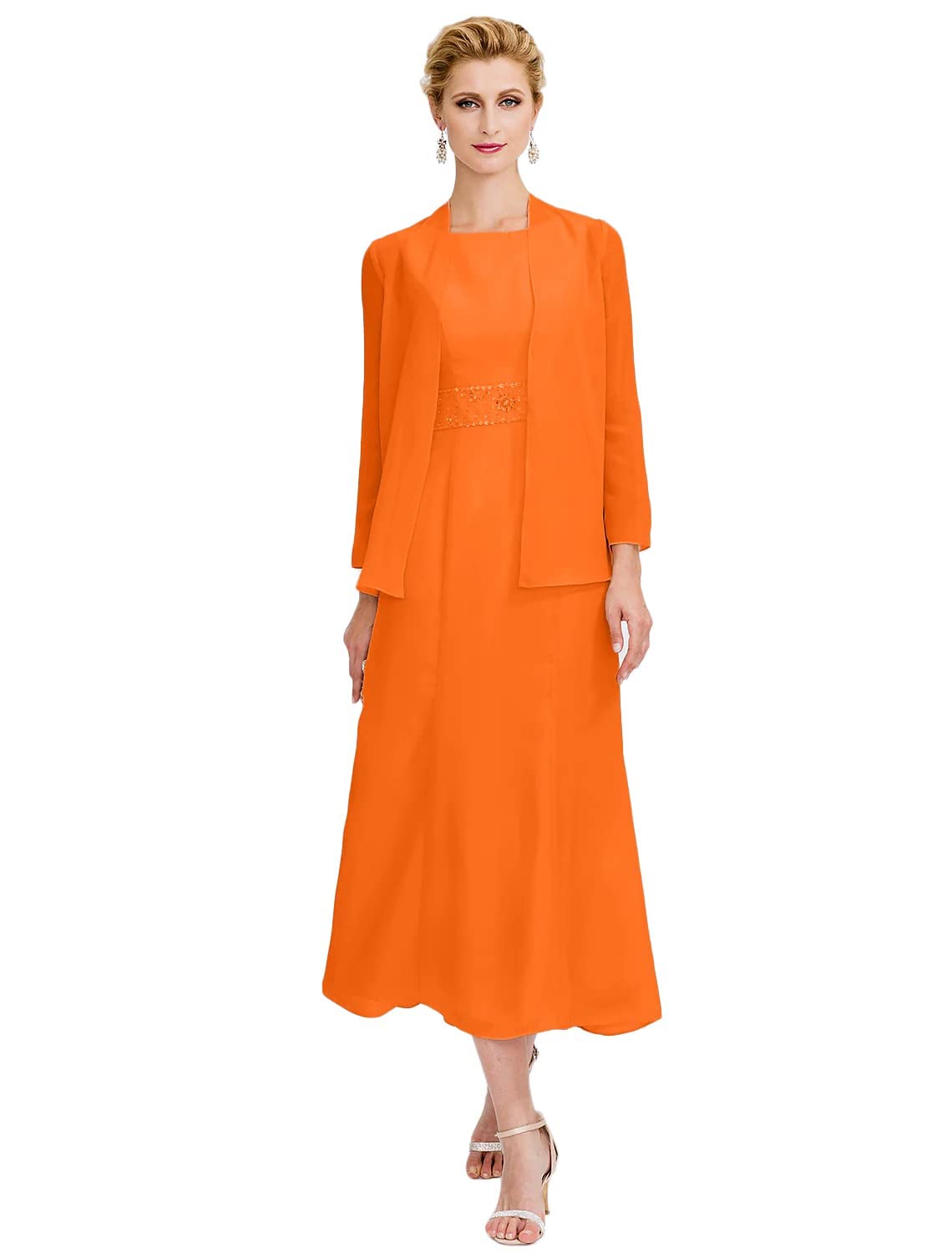 2 PCS Elegant Mother of The Bride Dresses - Chiffon Long Sleeve Beaded Wedding Guest Gown with Formal Cardigan for Evening Party, Special Occasions & Formal Events - Perfect for Weddings, Receptions, Galas & Black Tie Affairs