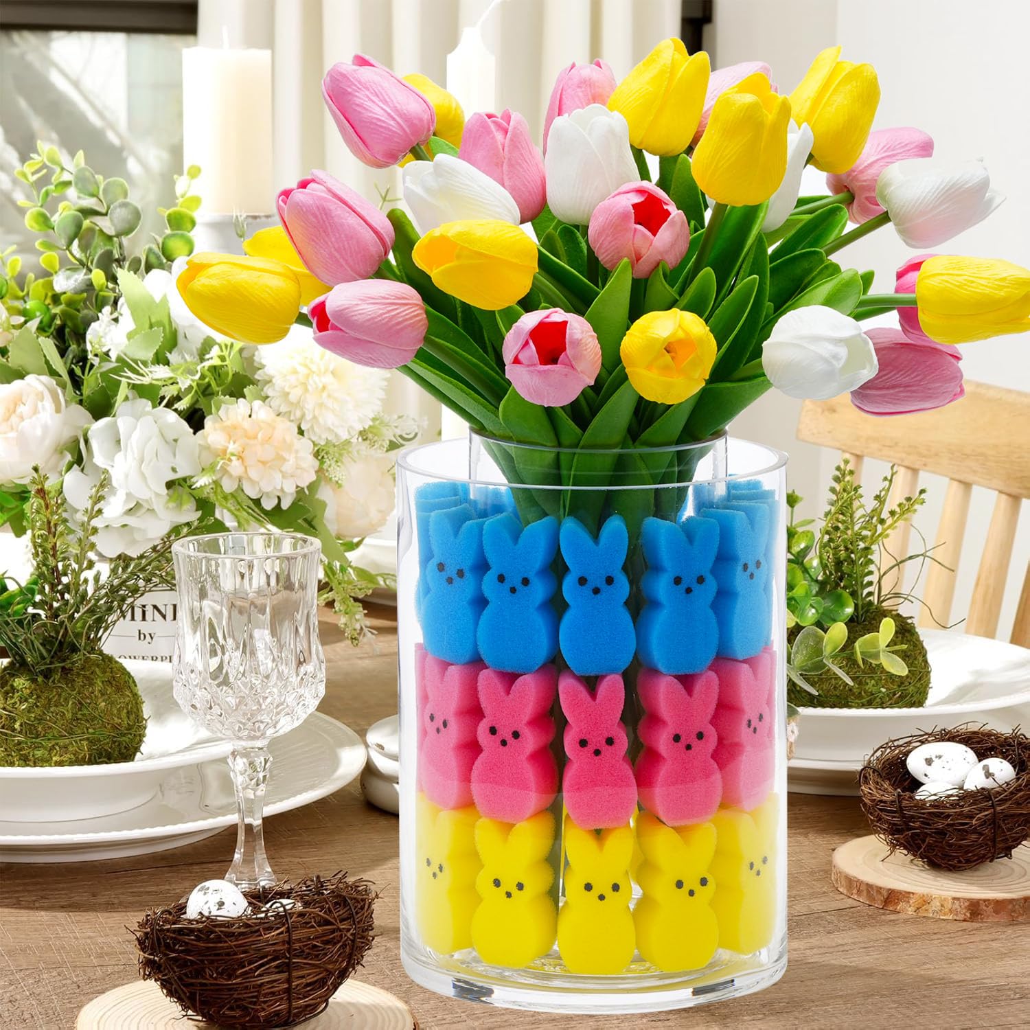 Easter Bunny Table Decorations Set - Artificial Tulips with Bunnies Vase Filler, Spring Rabbit Centerpiece for Home & Party Decor (Vase Not Included) - Perfect for Easter Celebrations, Spring Weddings & Holiday Table Settings