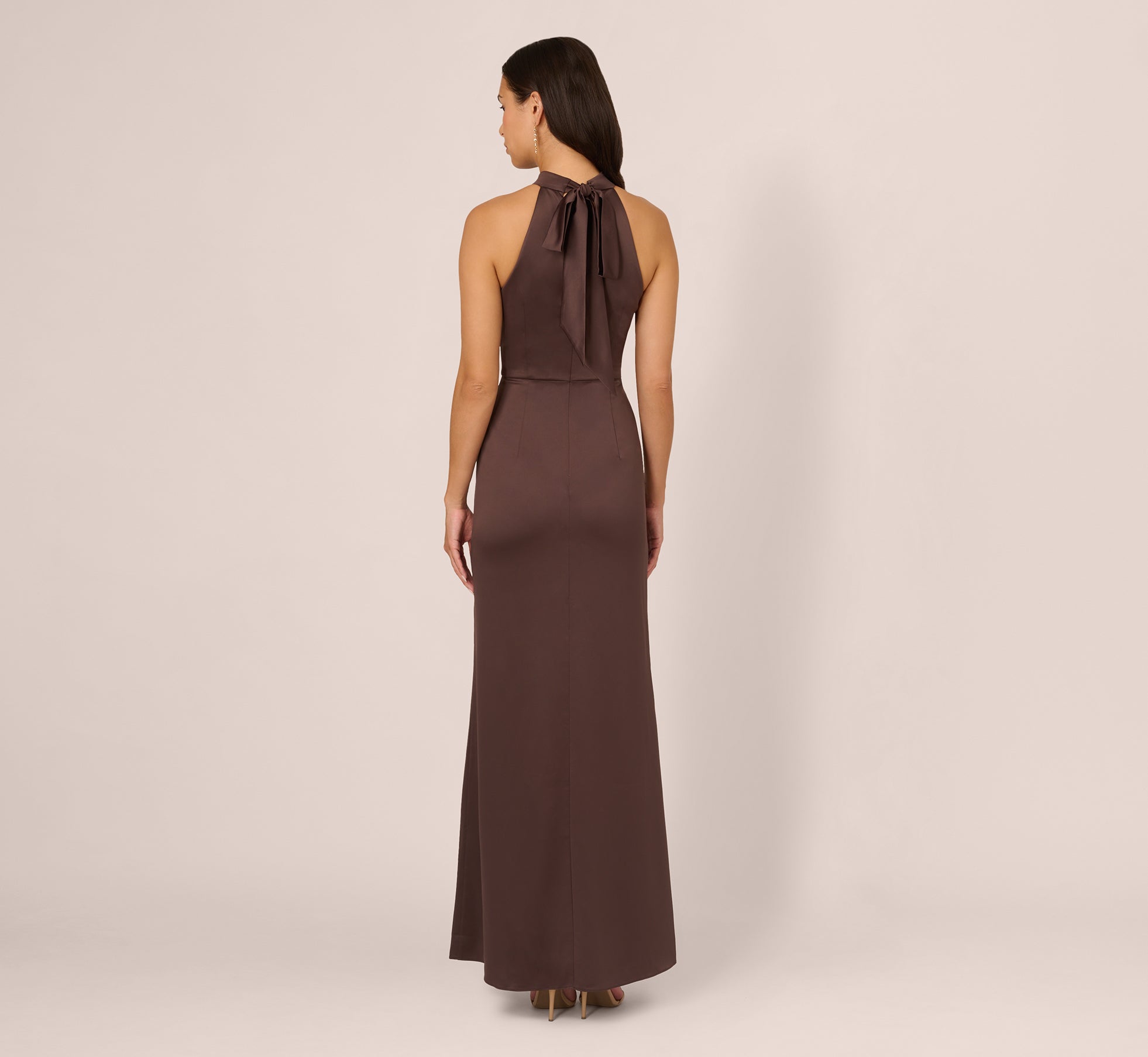 Elegant Dark Brown Satin Halter Mermaid Gown with Ruffle Trim - Perfect for Evening Galas, Prom Nights & Formal Events