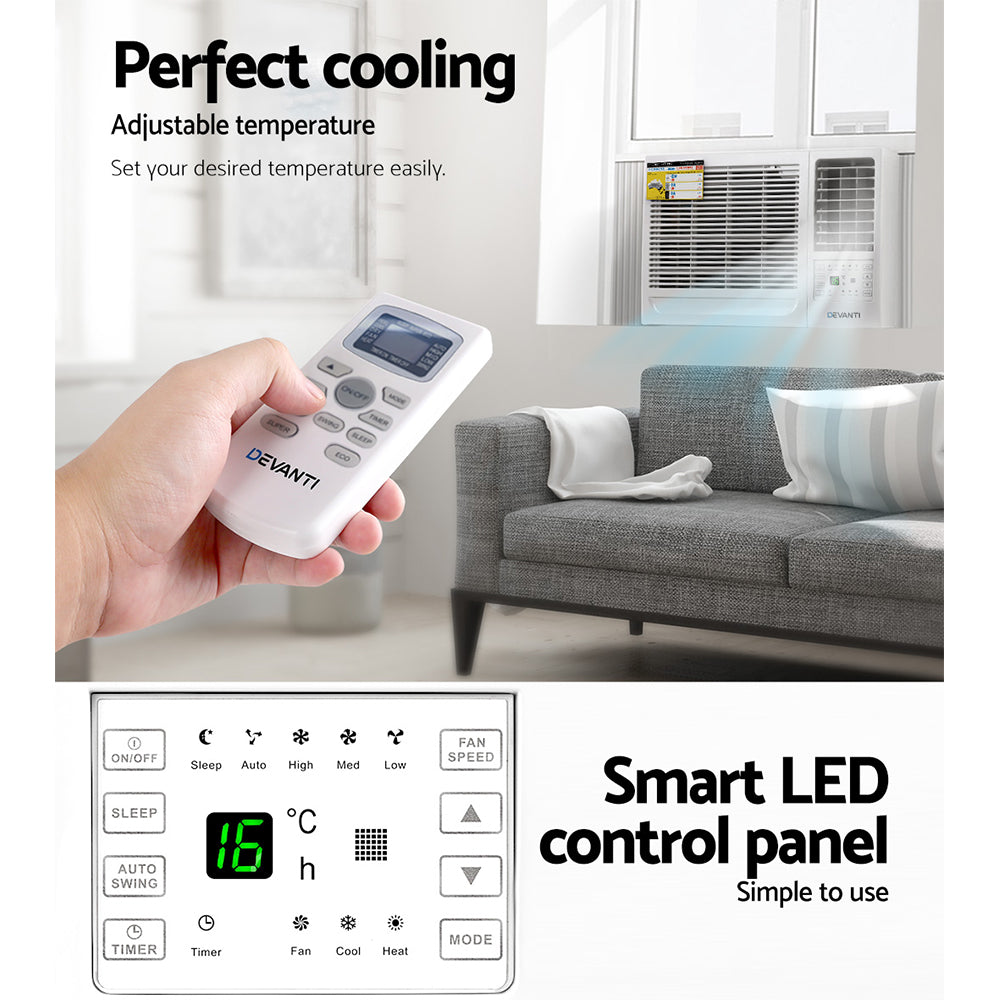 Devanti 9000 BTU Window Air Conditioner - 2.7kW Cooling Power - Energy Efficient AC Unit for Bedroom, Living Room & Office - Quiet Operation with Remote Control